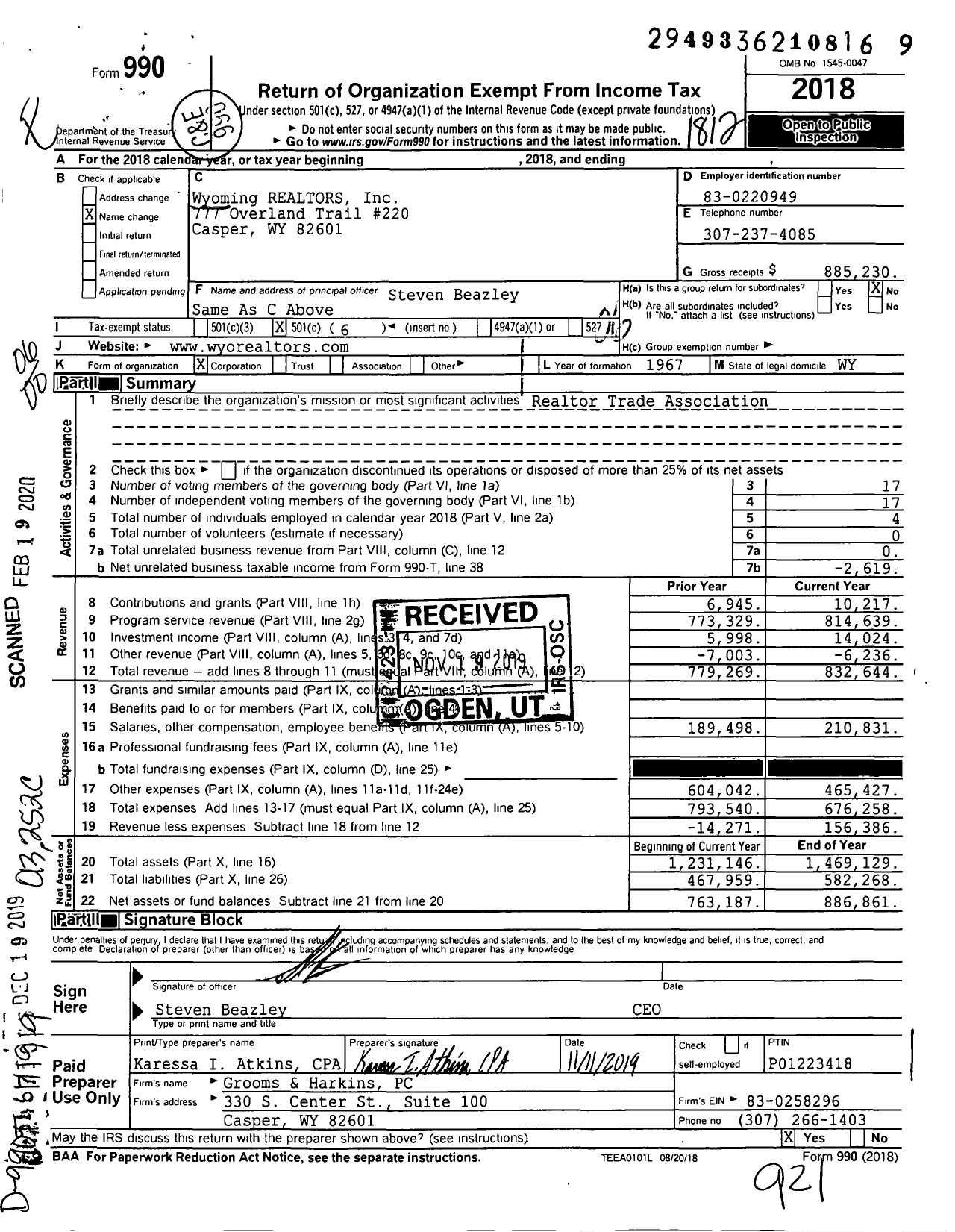 Image of first page of 2018 Form 990O for Wyoming REALTORS