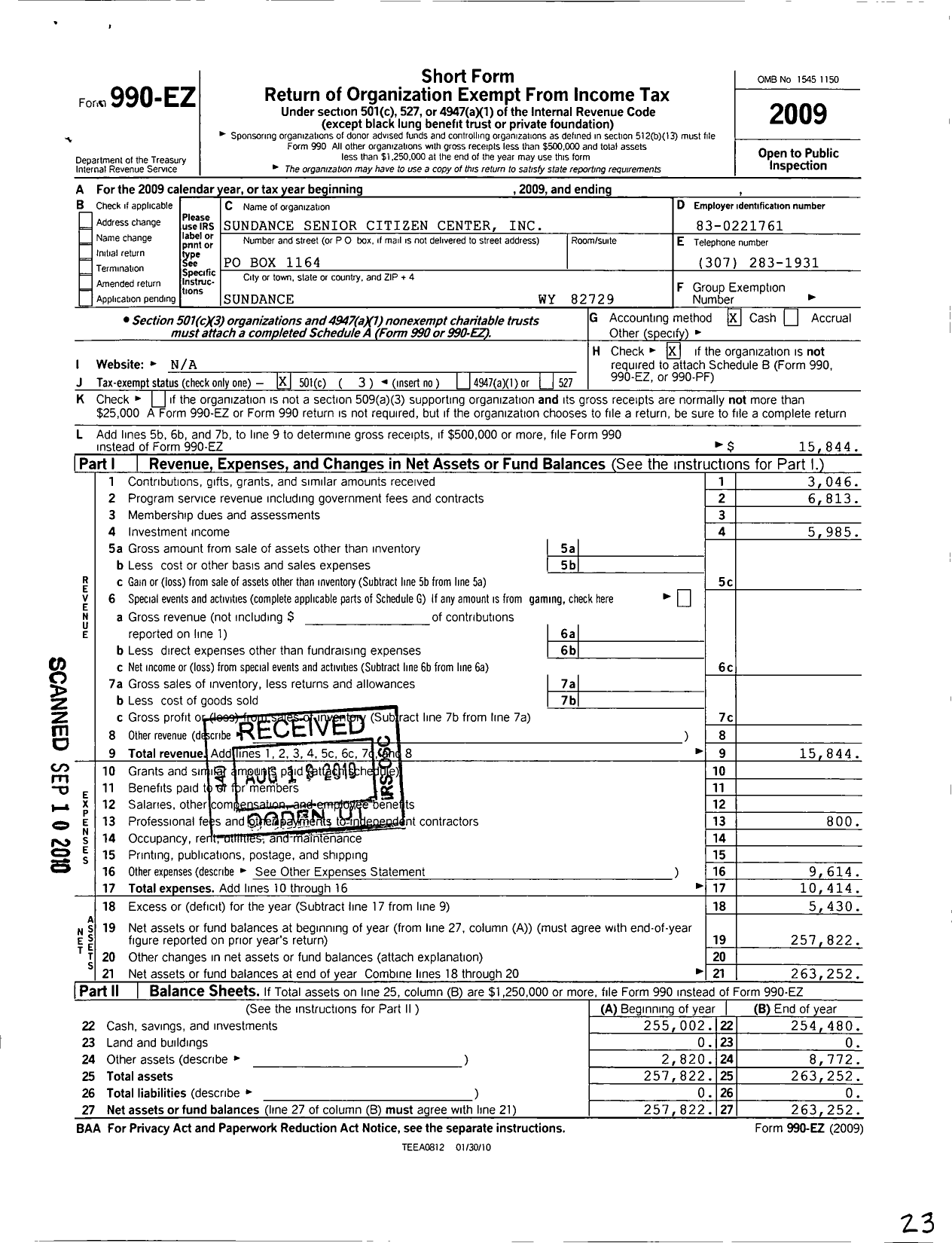 Image of first page of 2009 Form 990EZ for Sundance Senior Citizen Center