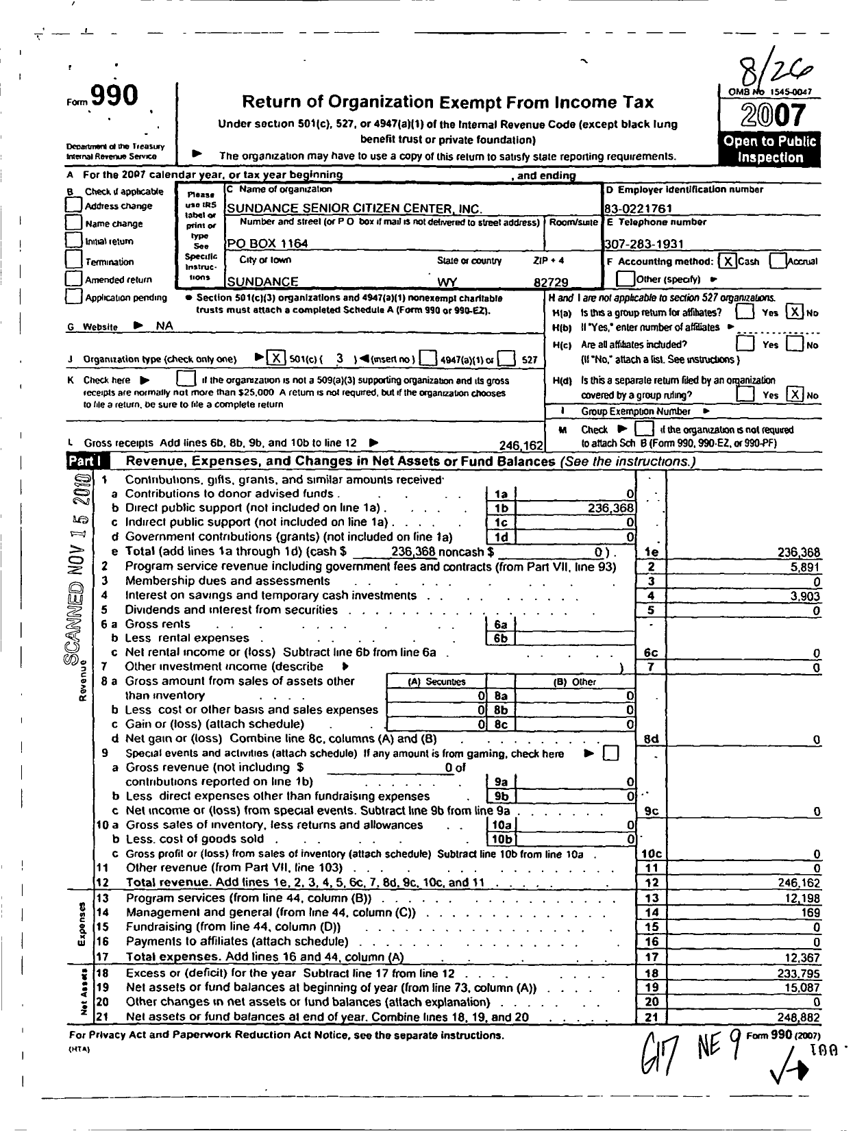 Image of first page of 2007 Form 990 for Sundance Senior Citizen Center