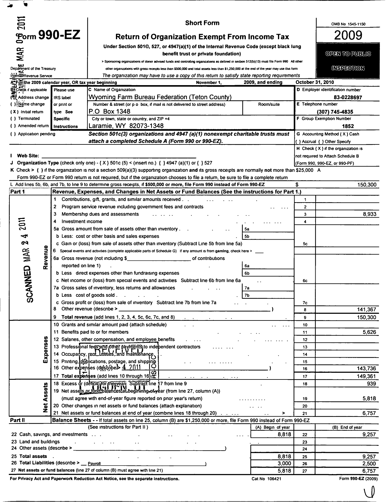 Image of first page of 2009 Form 990EO for Wyoming Farm Bureau Federation / Teton County