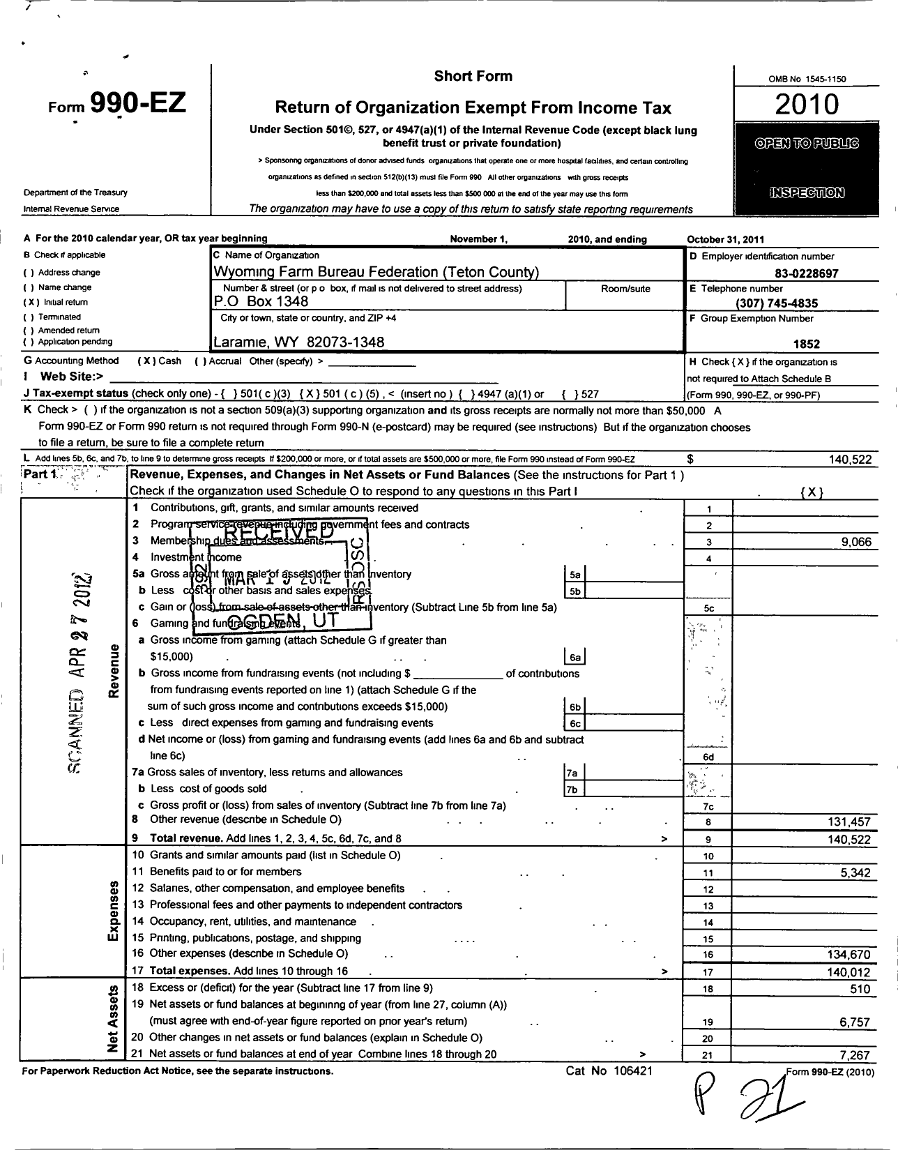 Image of first page of 2010 Form 990EO for Wyoming Farm Bureau Federation / Teton County