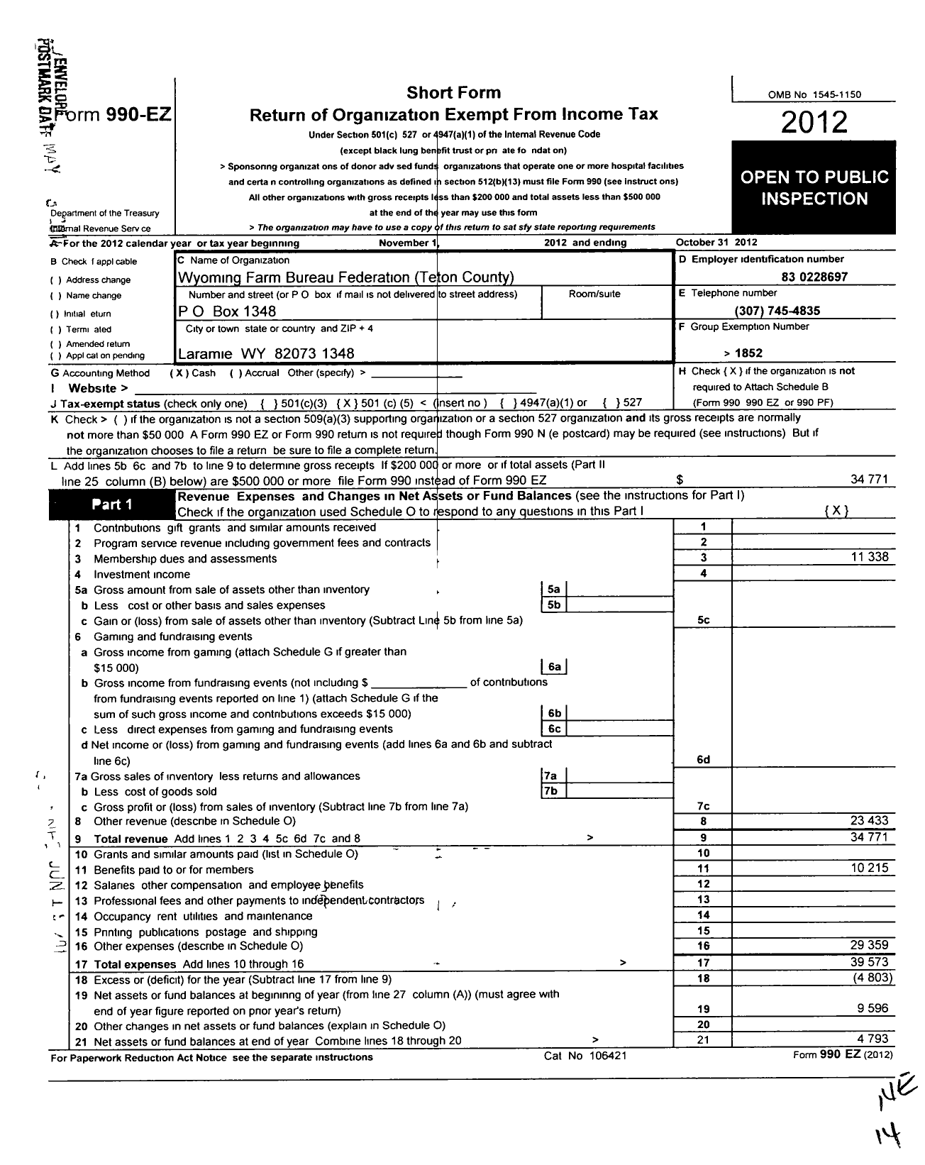 Image of first page of 2011 Form 990EO for Wyoming Farm Bureau Federation / Teton County