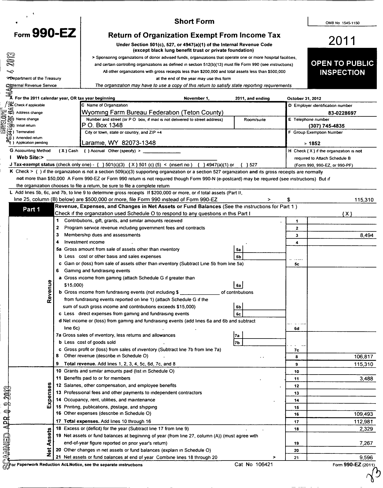 Image of first page of 2011 Form 990EO for Wyoming Farm Bureau Federation / Teton County