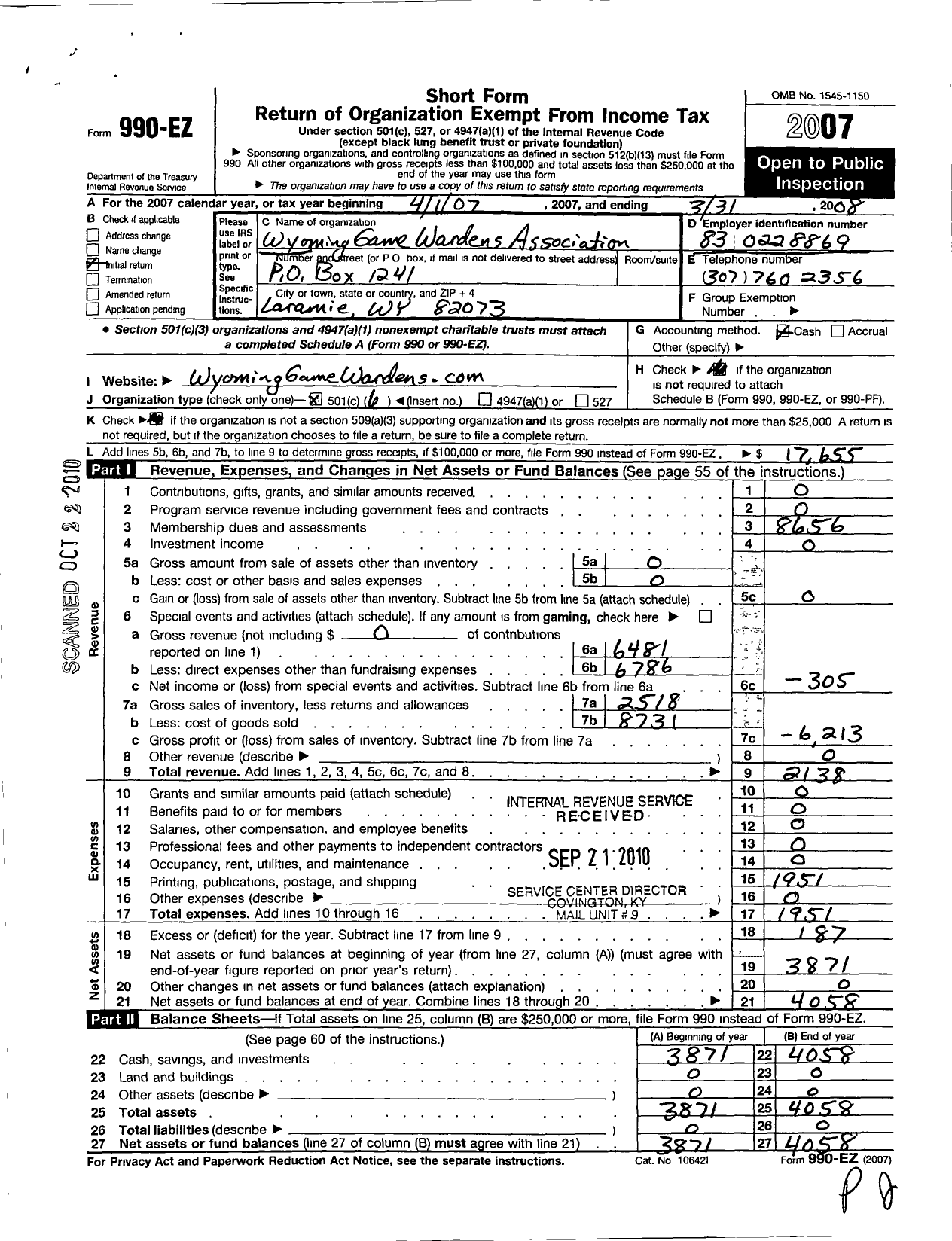 Image of first page of 2007 Form 990EO for Wyoming Game Wardens Association