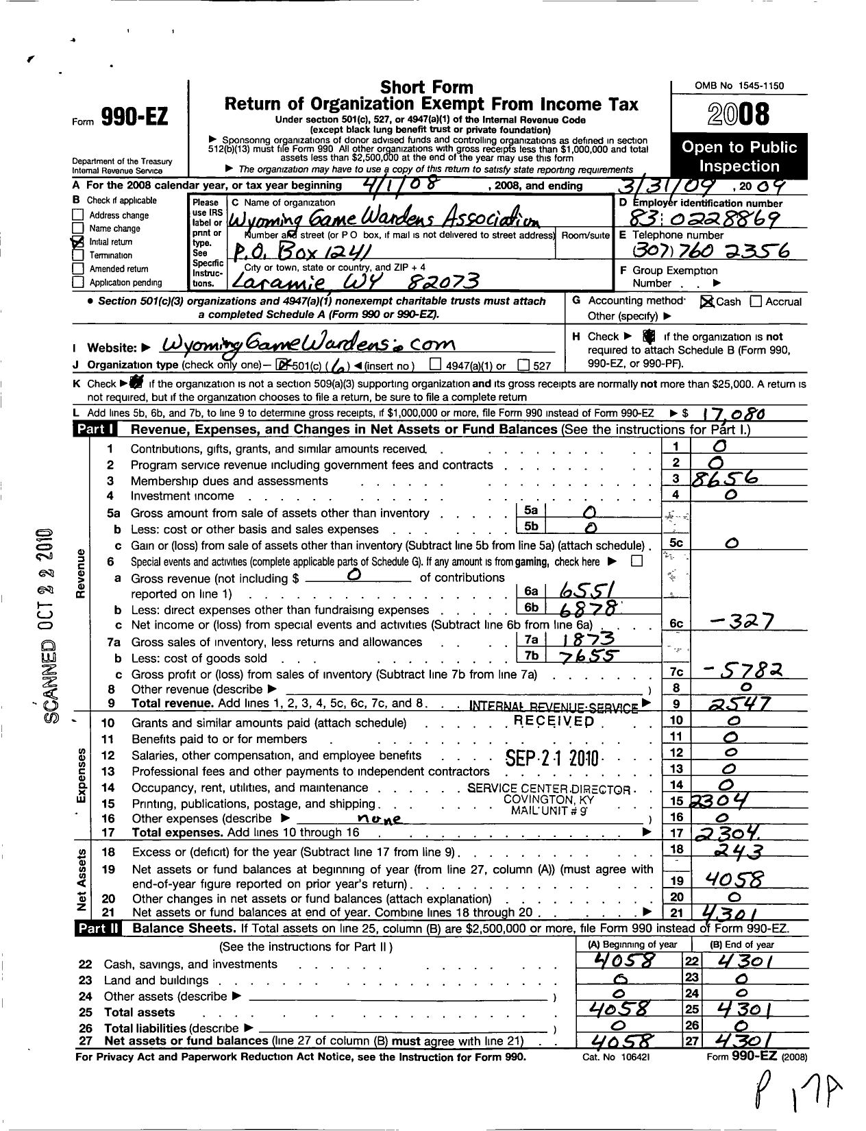 Image of first page of 2008 Form 990EO for Wyoming Game Wardens Association