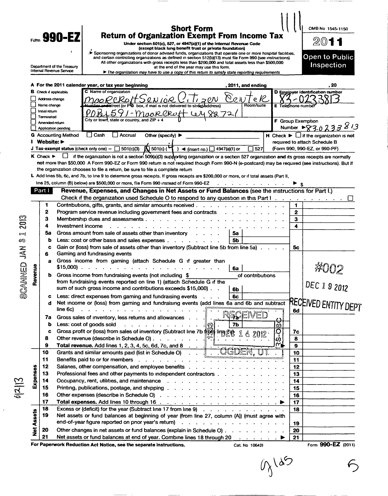 Image of first page of 2010 Form 990EO for MOORCROFT SENIOR CITIZENs CENTER