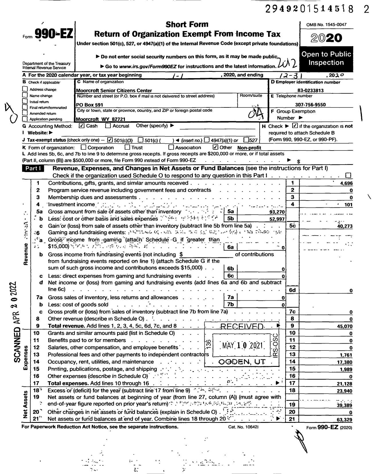 Image of first page of 2020 Form 990EO for MOORCROFT SENIOR CITIZENs CENTER