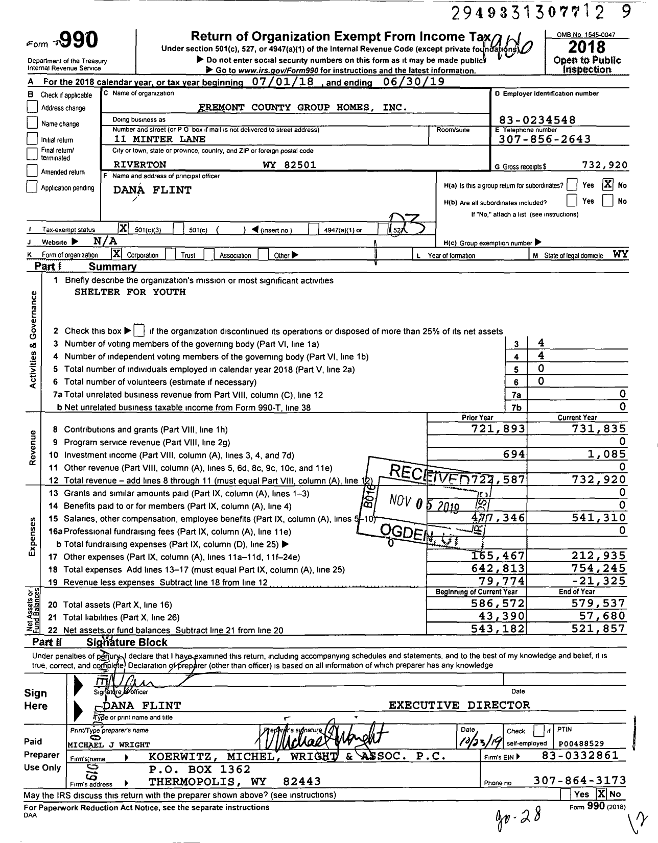 Image of first page of 2018 Form 990 for Fremont County Group Homes