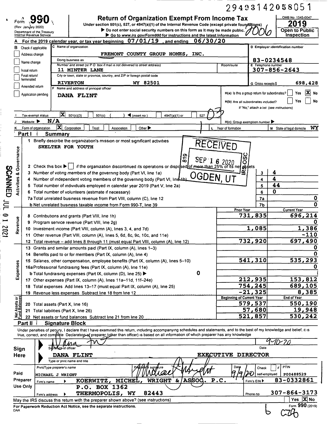 Image of first page of 2019 Form 990 for Fremont County Group Homes