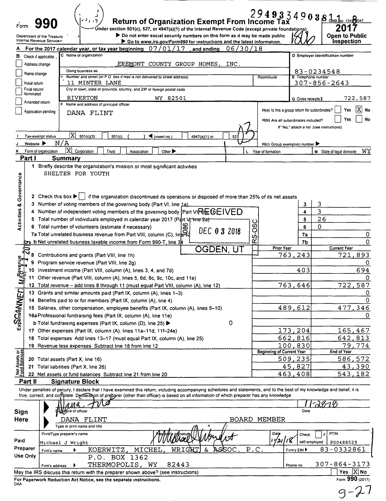 Image of first page of 2017 Form 990 for Fremont County Group Homes