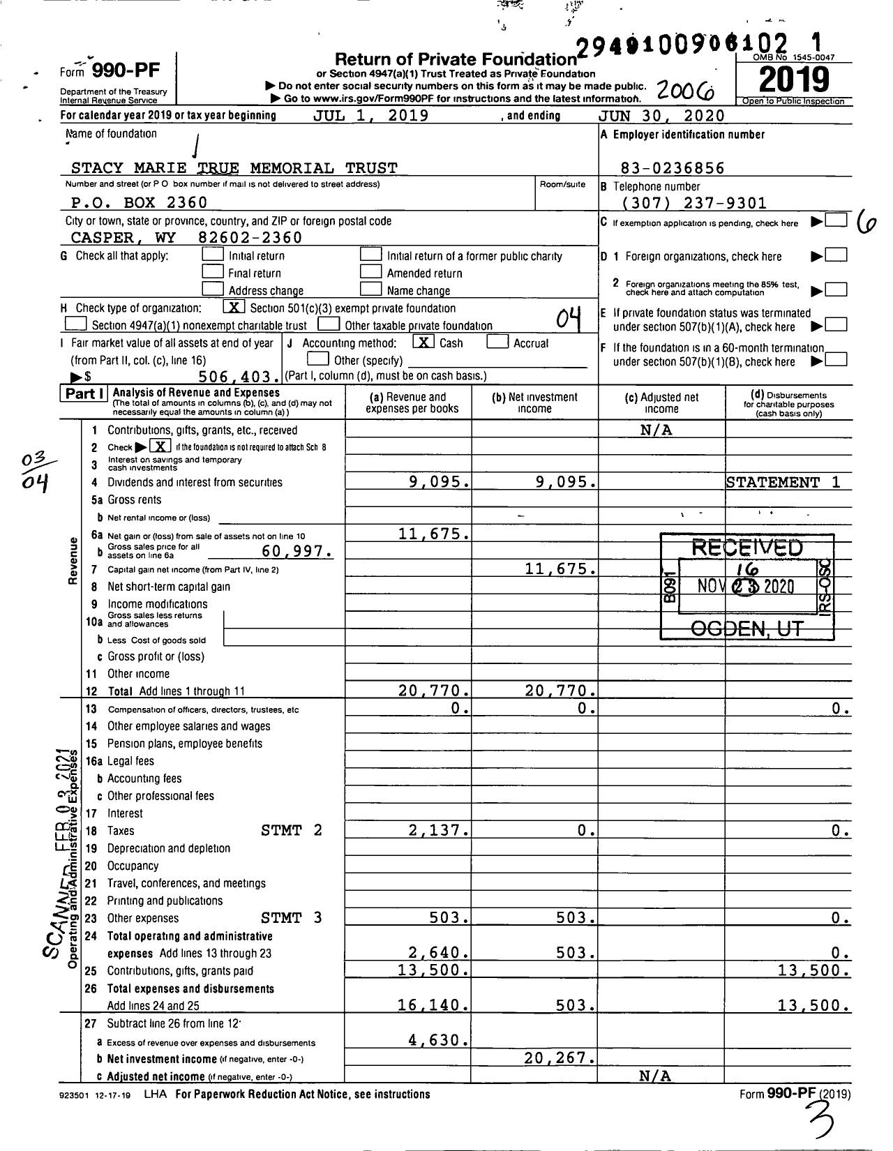 Image of first page of 2019 Form 990PF for Stacy Marie True Memorial Trust