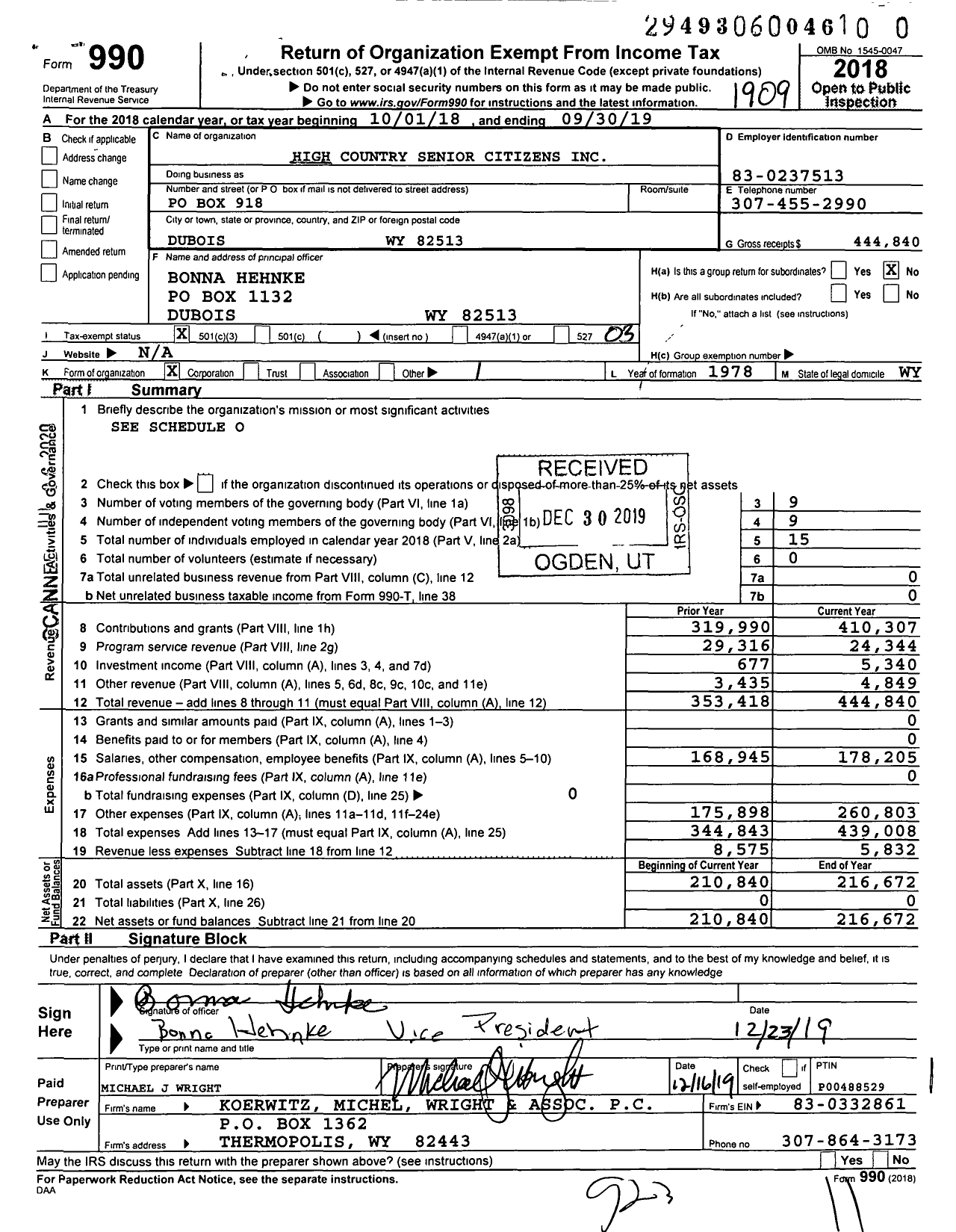 Image of first page of 2018 Form 990 for High Country Senior Citizens