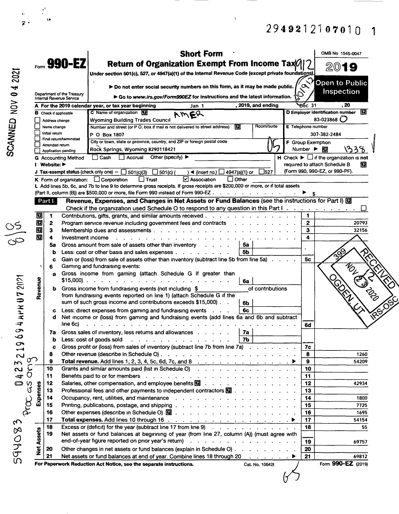 Image of first page of 2019 Form 990EO for AFL-CIO - Wyoming Building Trades Council