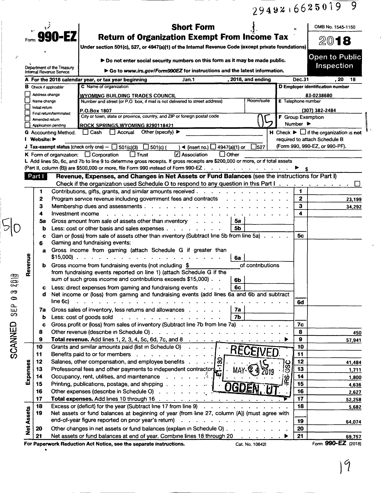 Image of first page of 2018 Form 990EO for AFL-CIO - Wyoming Building Trades Council