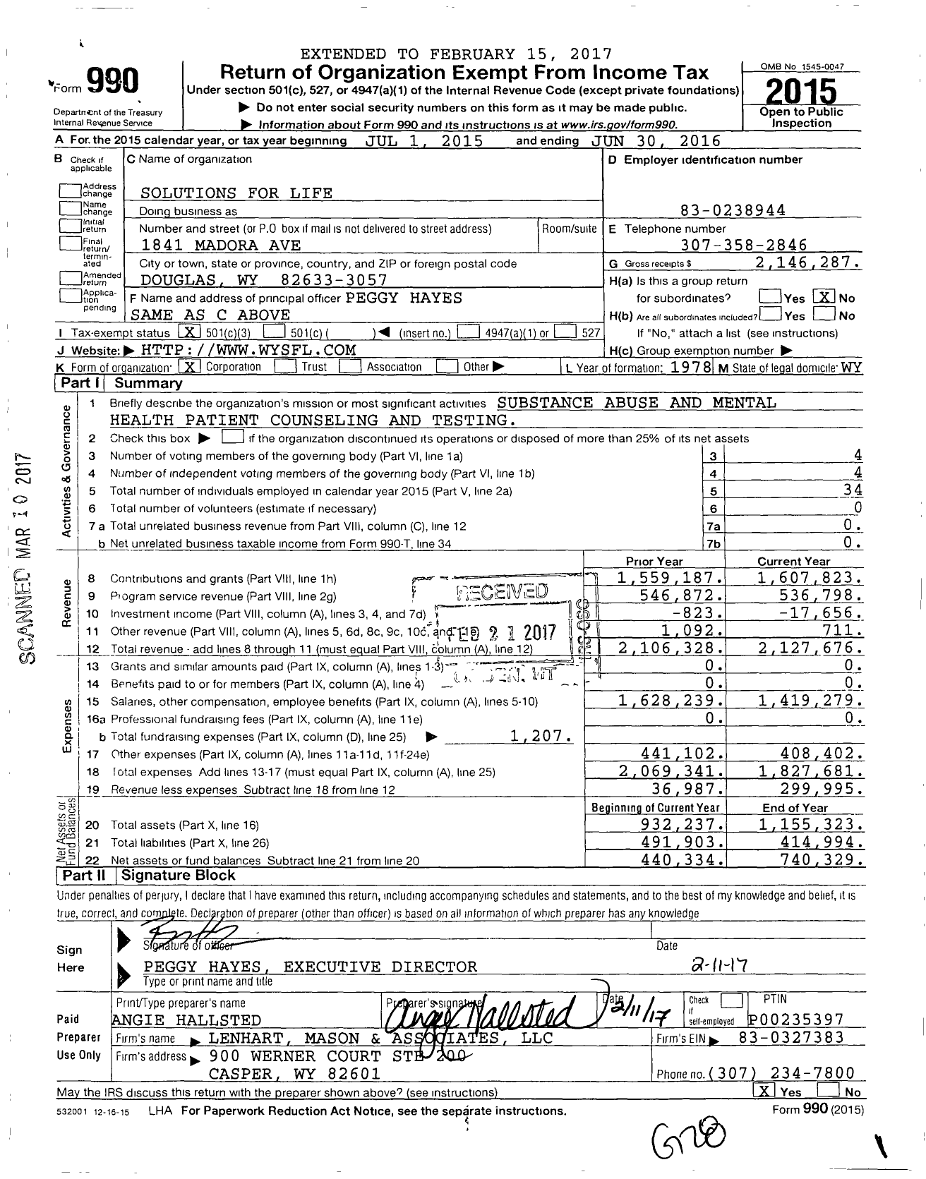 Image of first page of 2015 Form 990 for Solutions for Life