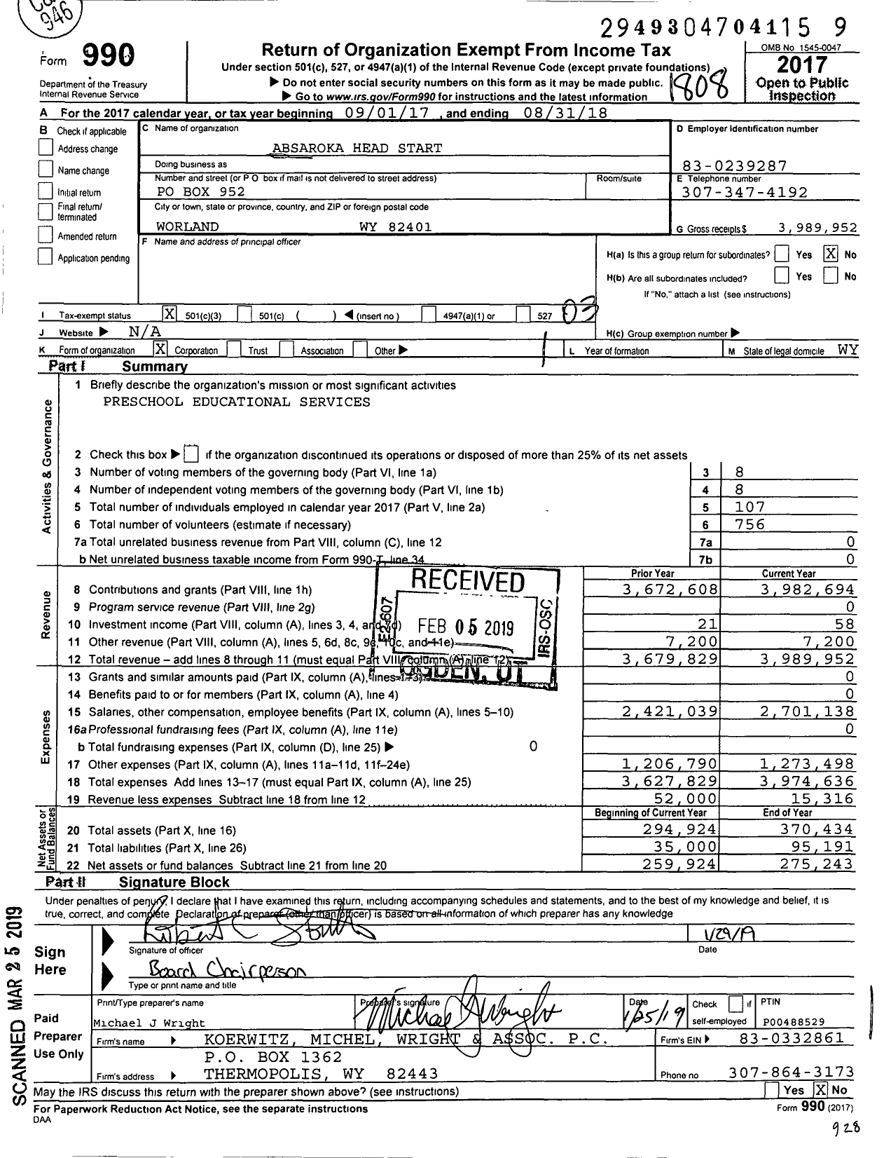 Image of first page of 2017 Form 990 for Absaroka Head Start