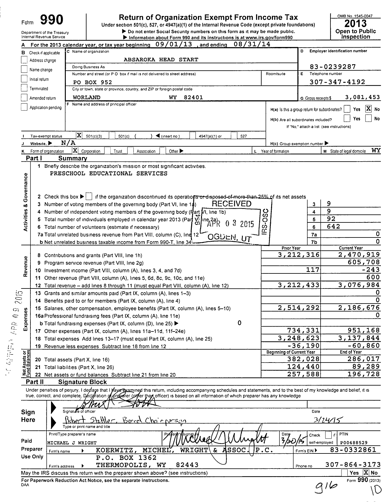 Image of first page of 2013 Form 990 for Absaroka Head Start