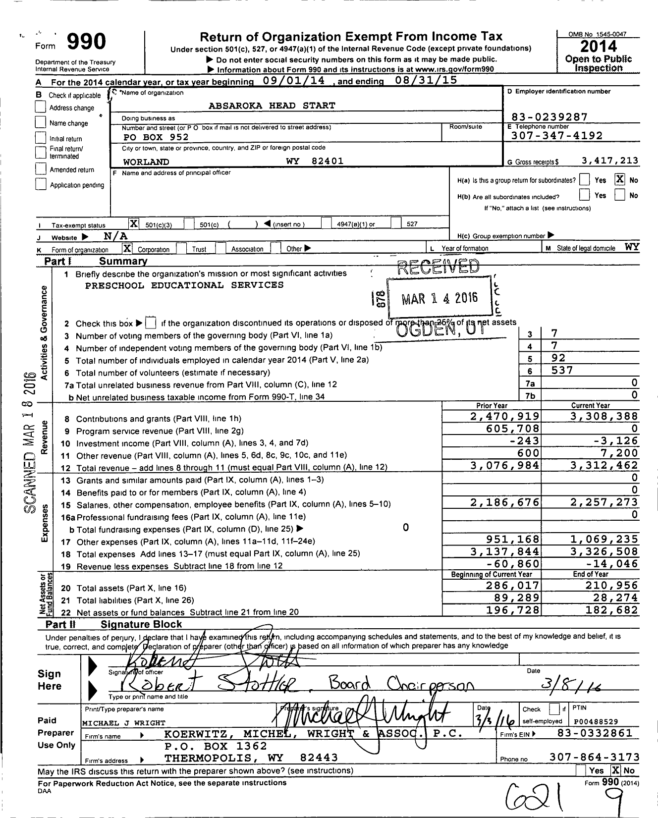 Image of first page of 2014 Form 990 for Absaroka Head Start