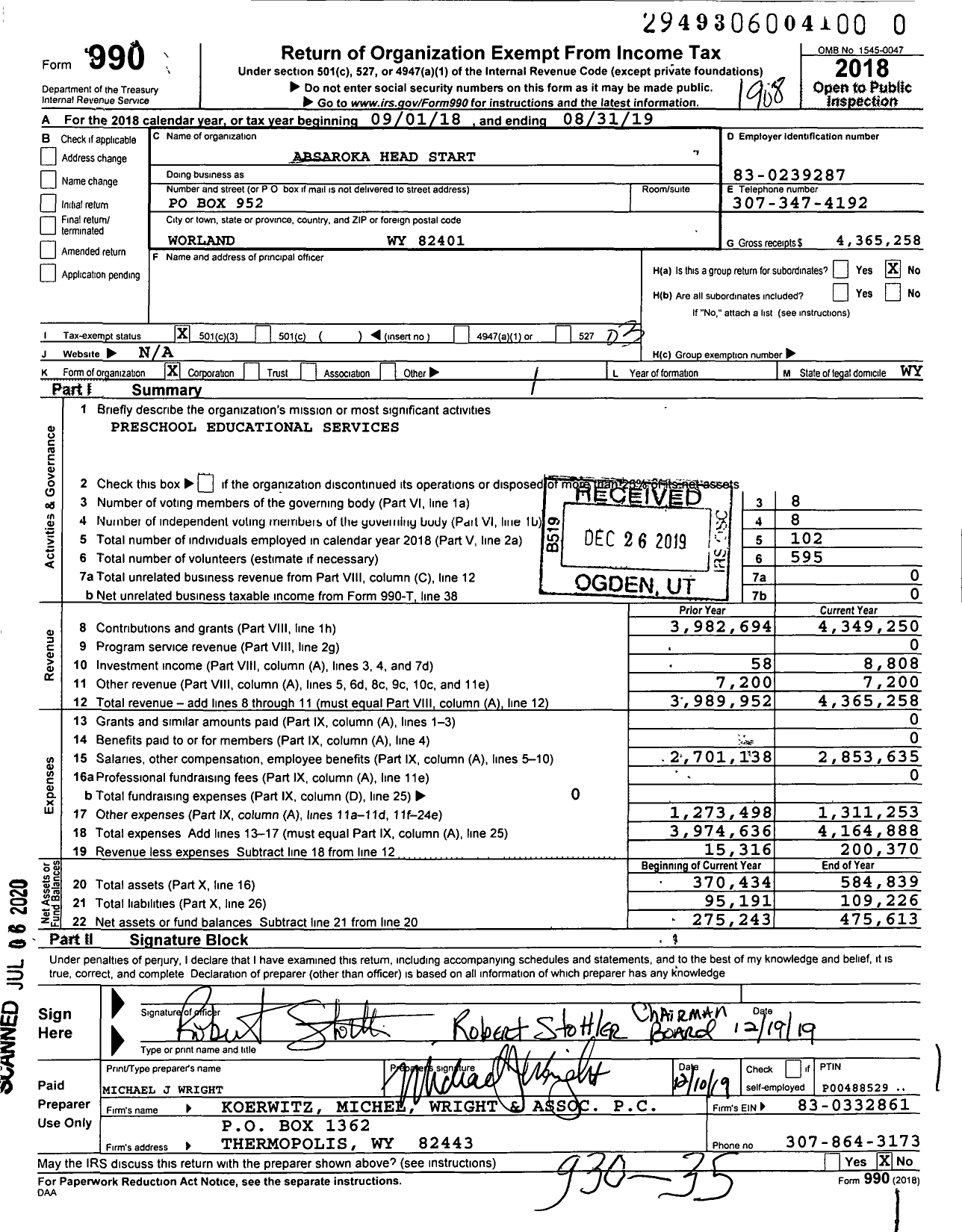 Image of first page of 2018 Form 990 for Absaroka Head Start