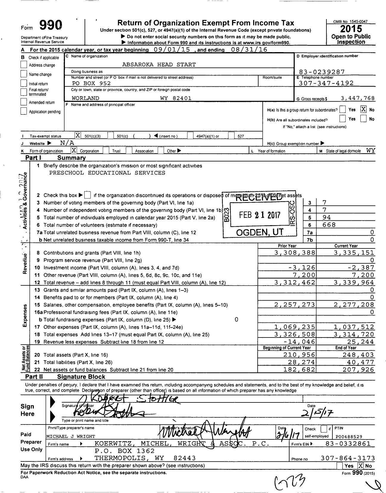 Image of first page of 2015 Form 990 for Absaroka Head Start
