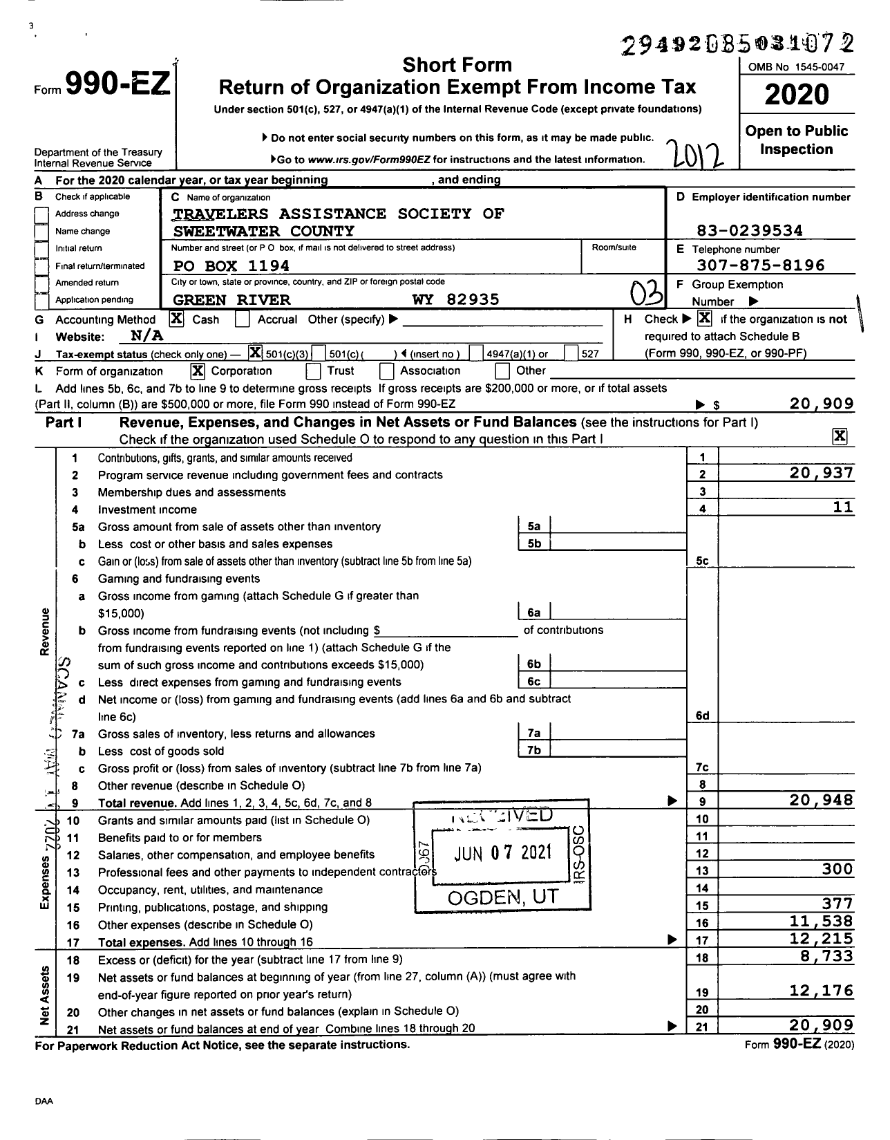 Image of first page of 2020 Form 990EZ for Travelers Assistance Society of SWTR County