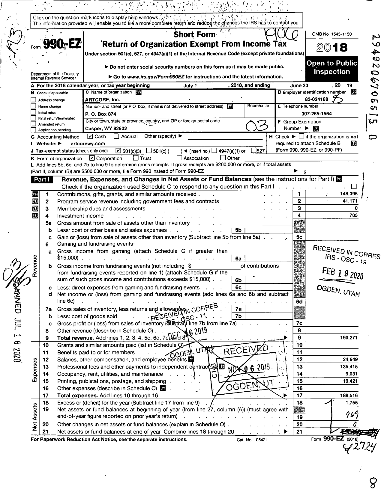 Image of first page of 2018 Form 990EZ for Artcore