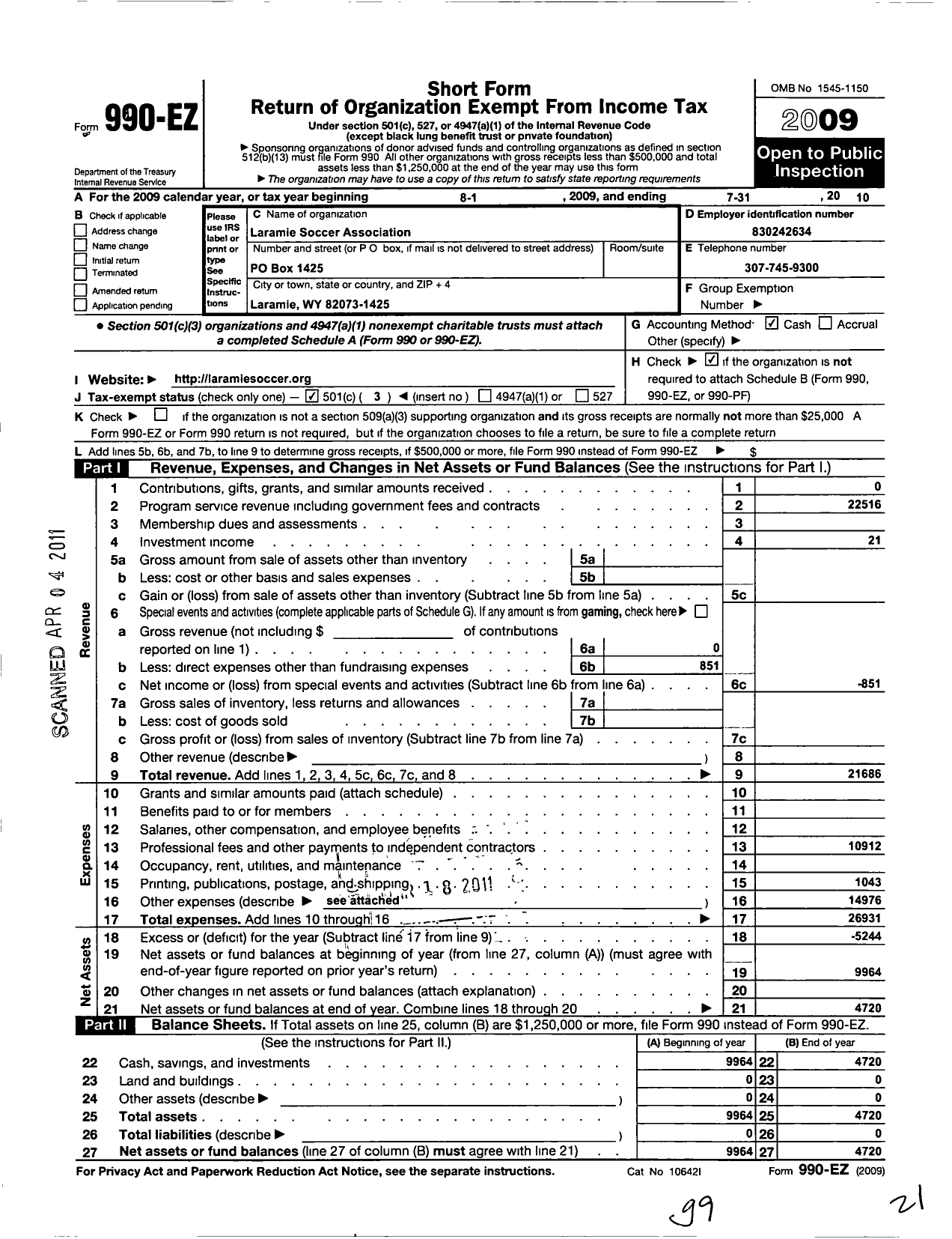 Image of first page of 2009 Form 990EZ for Laramie Soccer Association