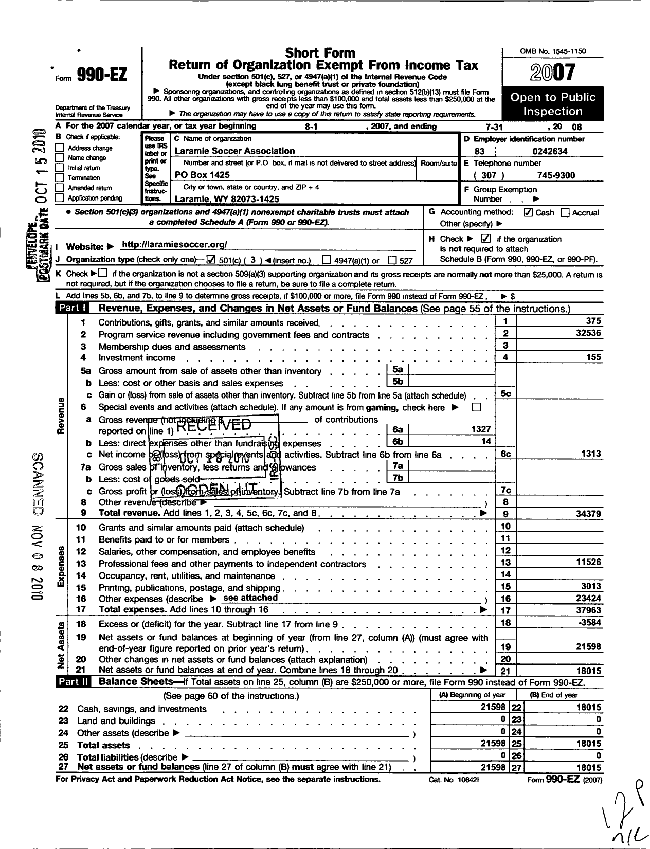 Image of first page of 2007 Form 990EZ for Laramie Soccer Association