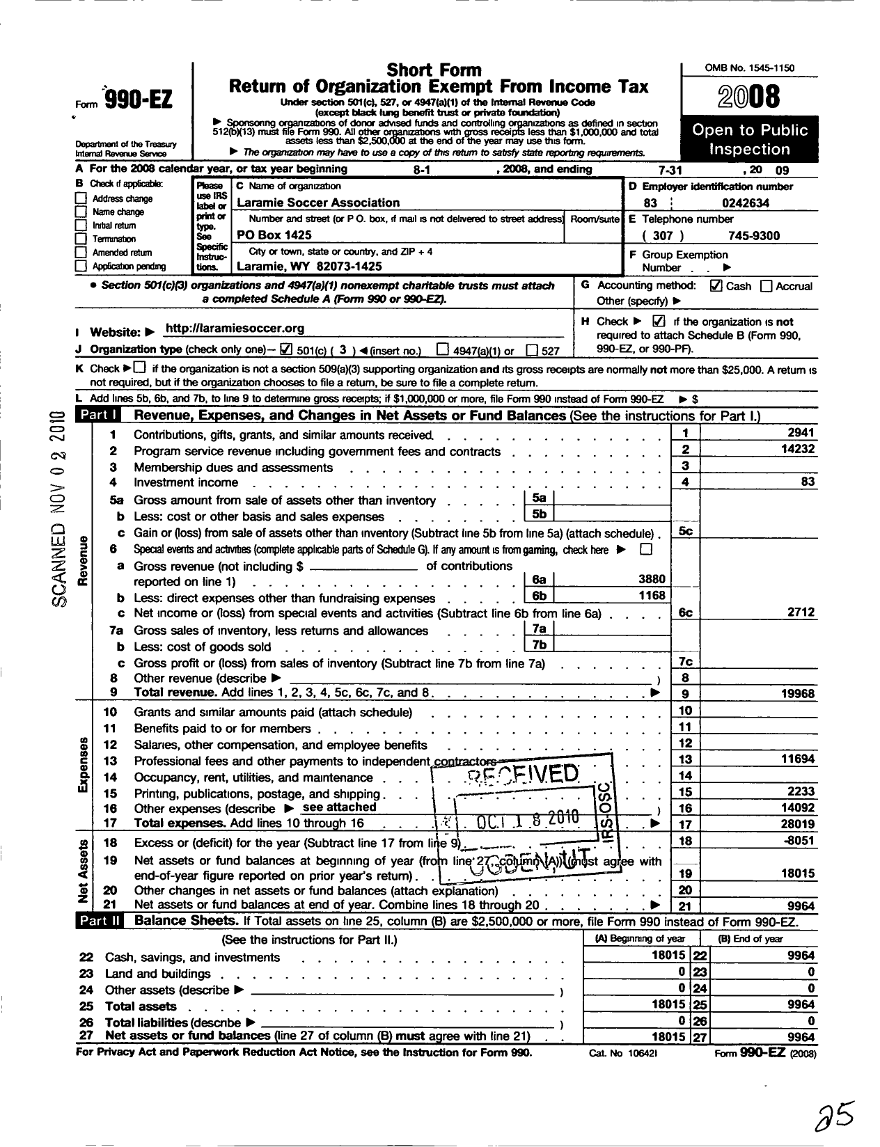 Image of first page of 2008 Form 990EZ for Laramie Soccer Association