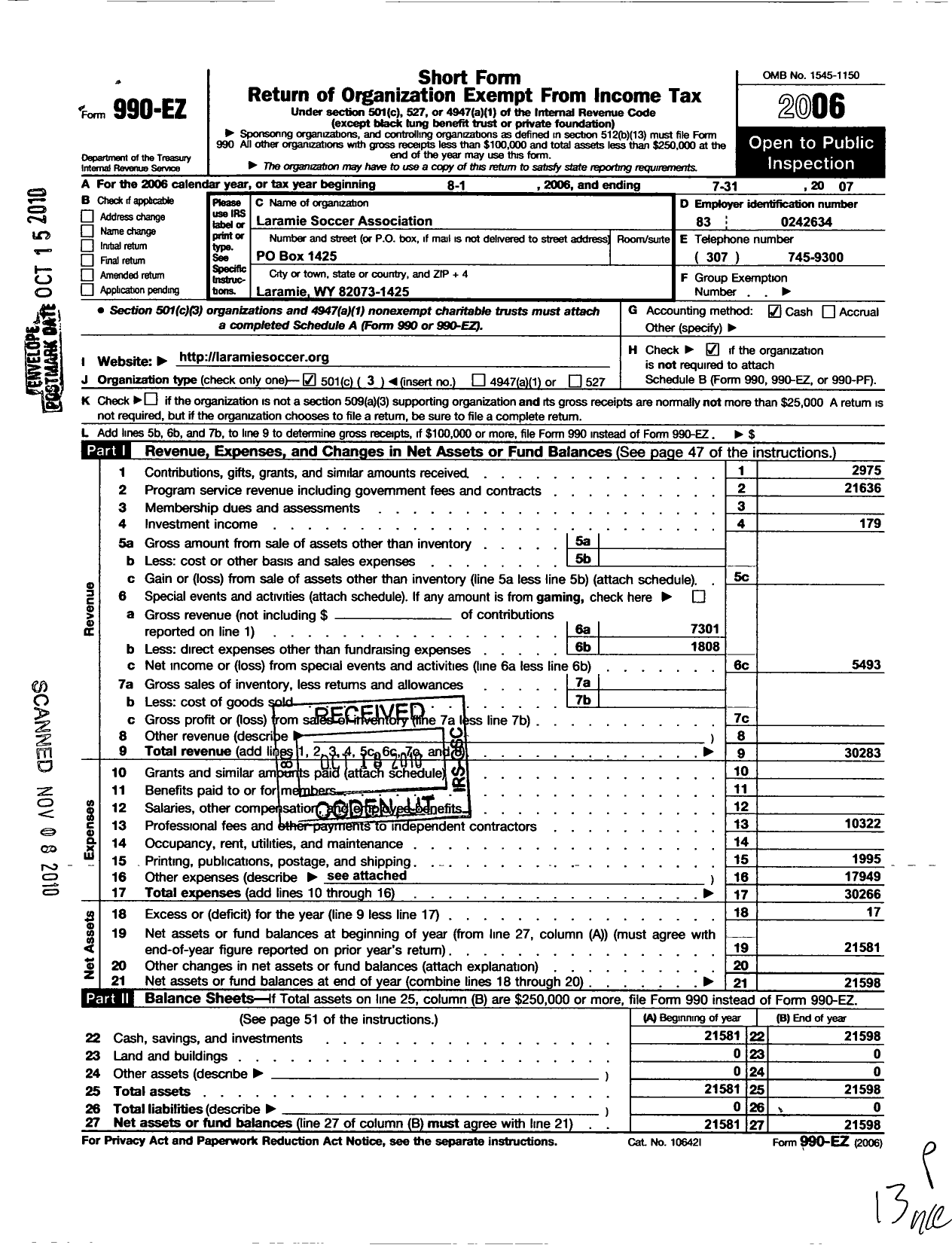 Image of first page of 2006 Form 990EZ for Laramie Soccer Association