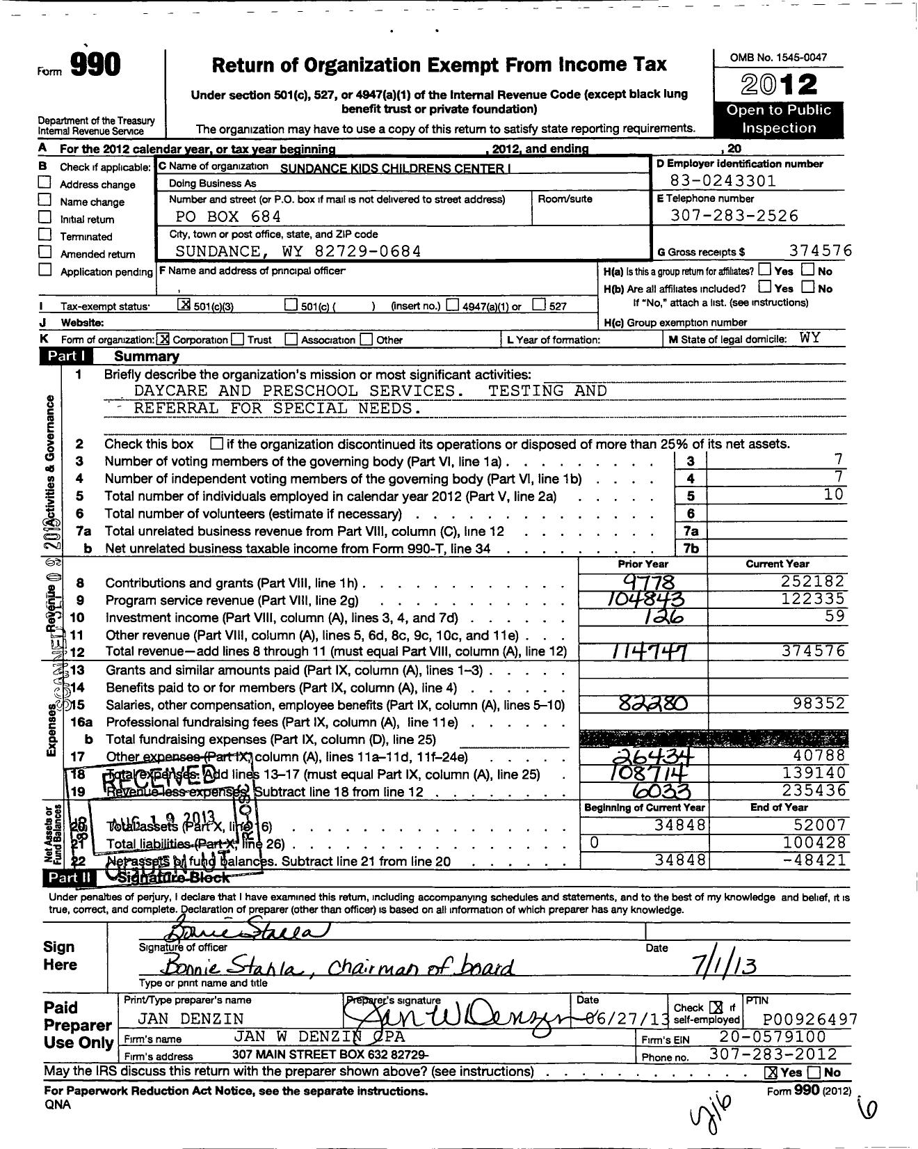 Image of first page of 2012 Form 990 for Sundance Kids Childrens Center