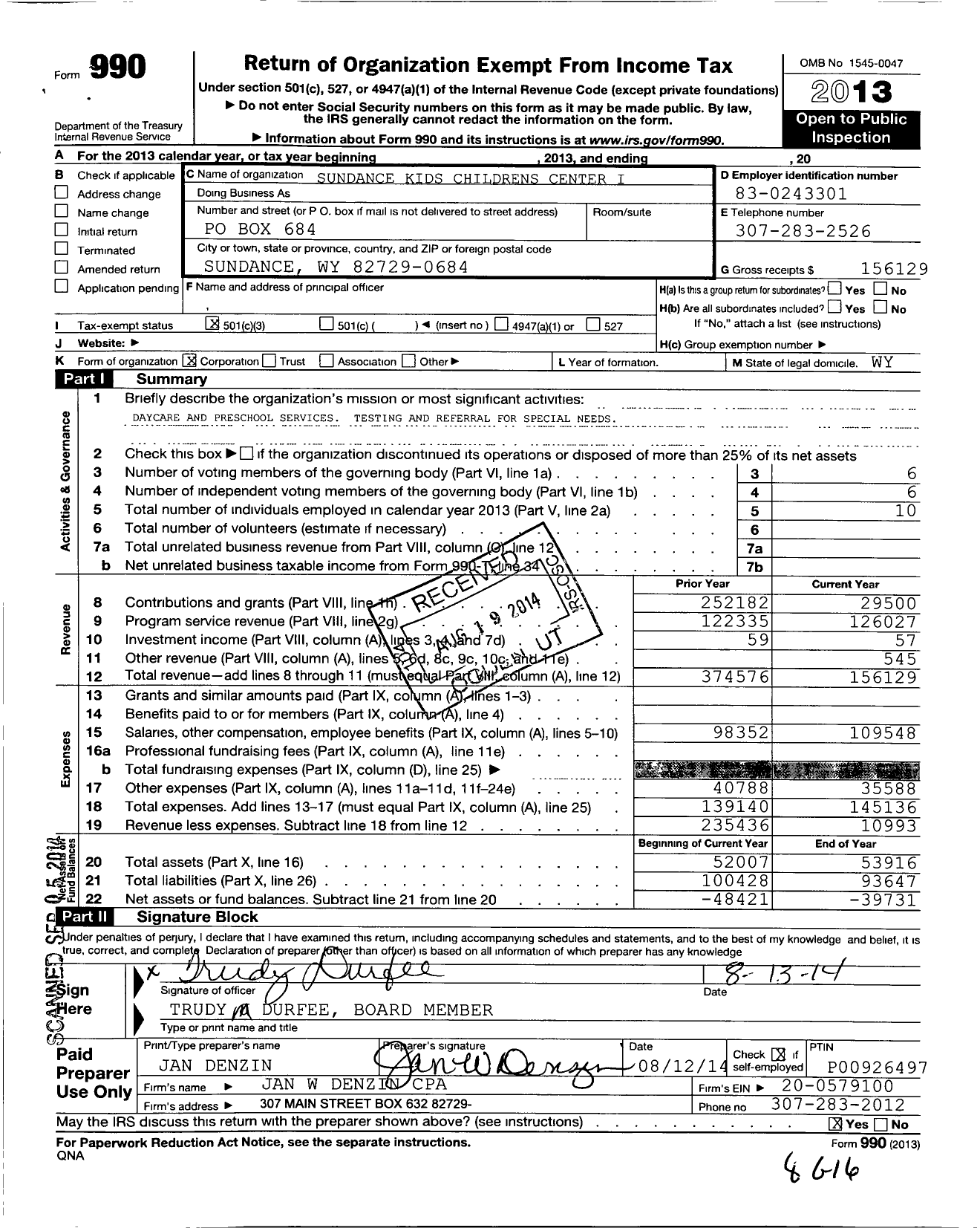 Image of first page of 2013 Form 990 for Sundance Kids Childrens Center