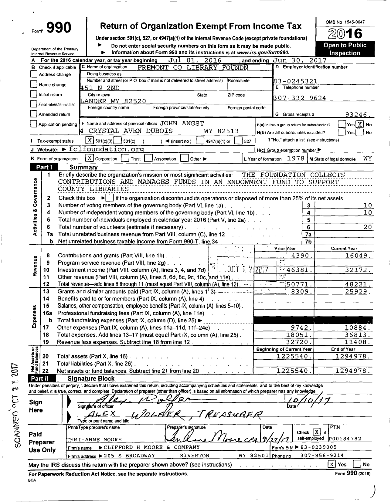 Image of first page of 2016 Form 990 for Fremont Library Foundn