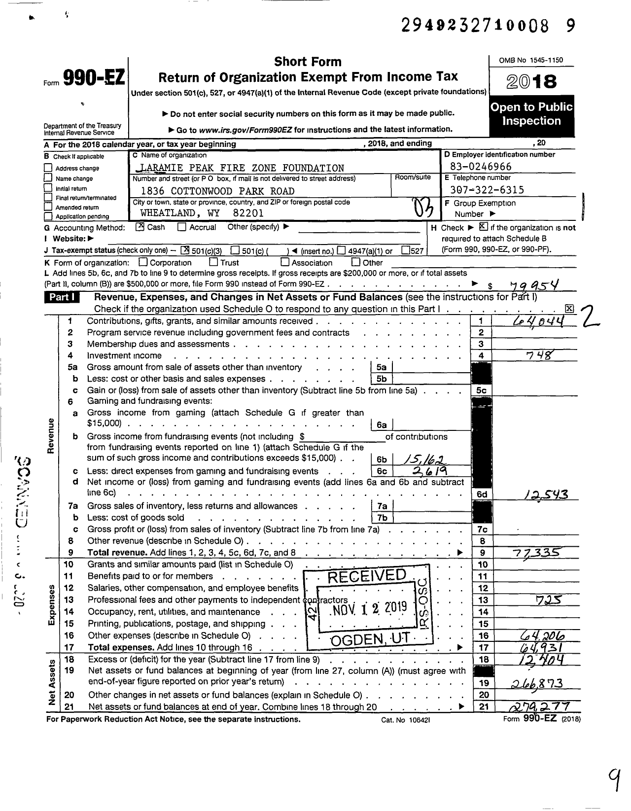 Image of first page of 2018 Form 990EZ for Laramie Peak Fire Zone Foundation