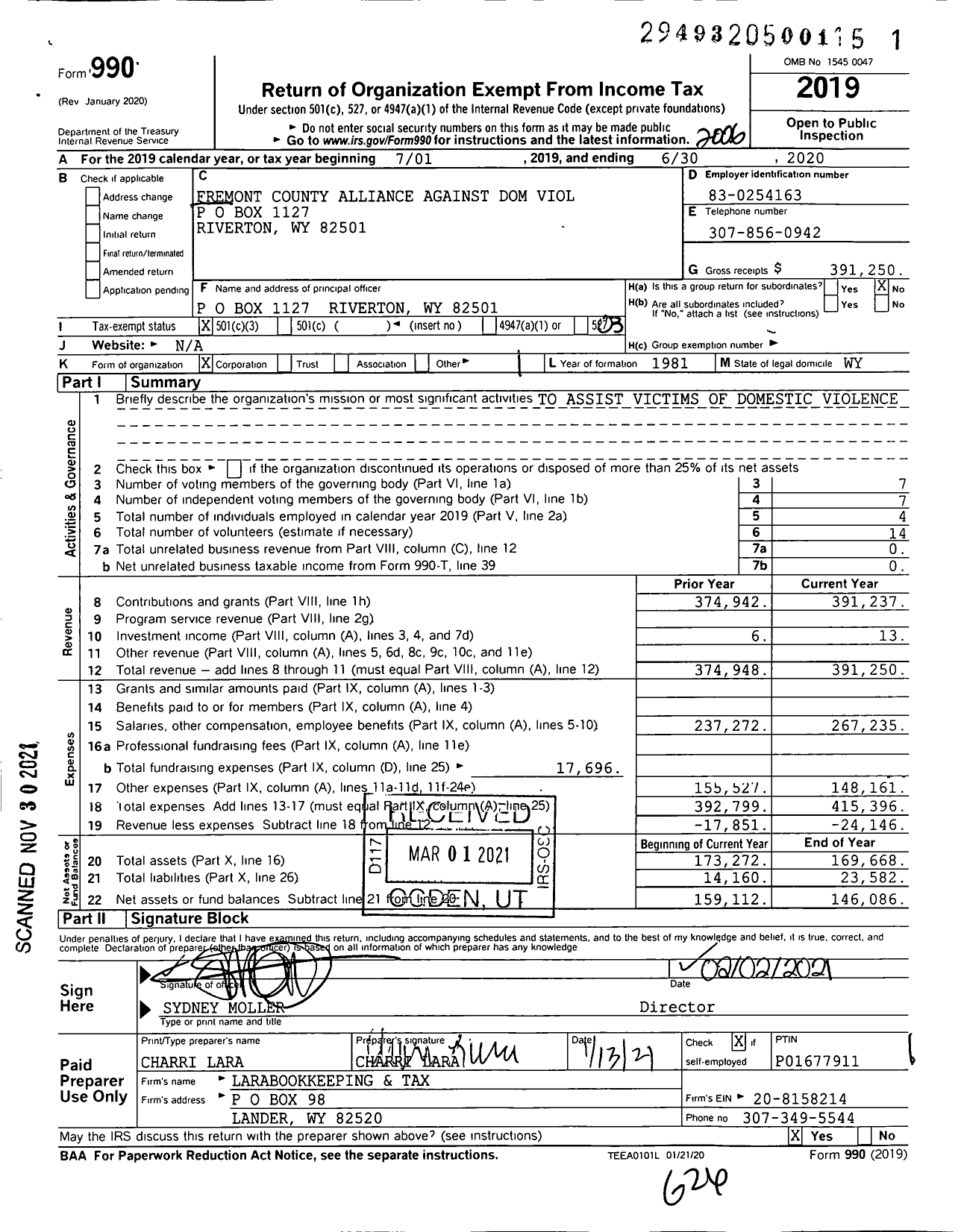 Image of first page of 2019 Form 990 for Fremont County Alliance Against Domestic Violence