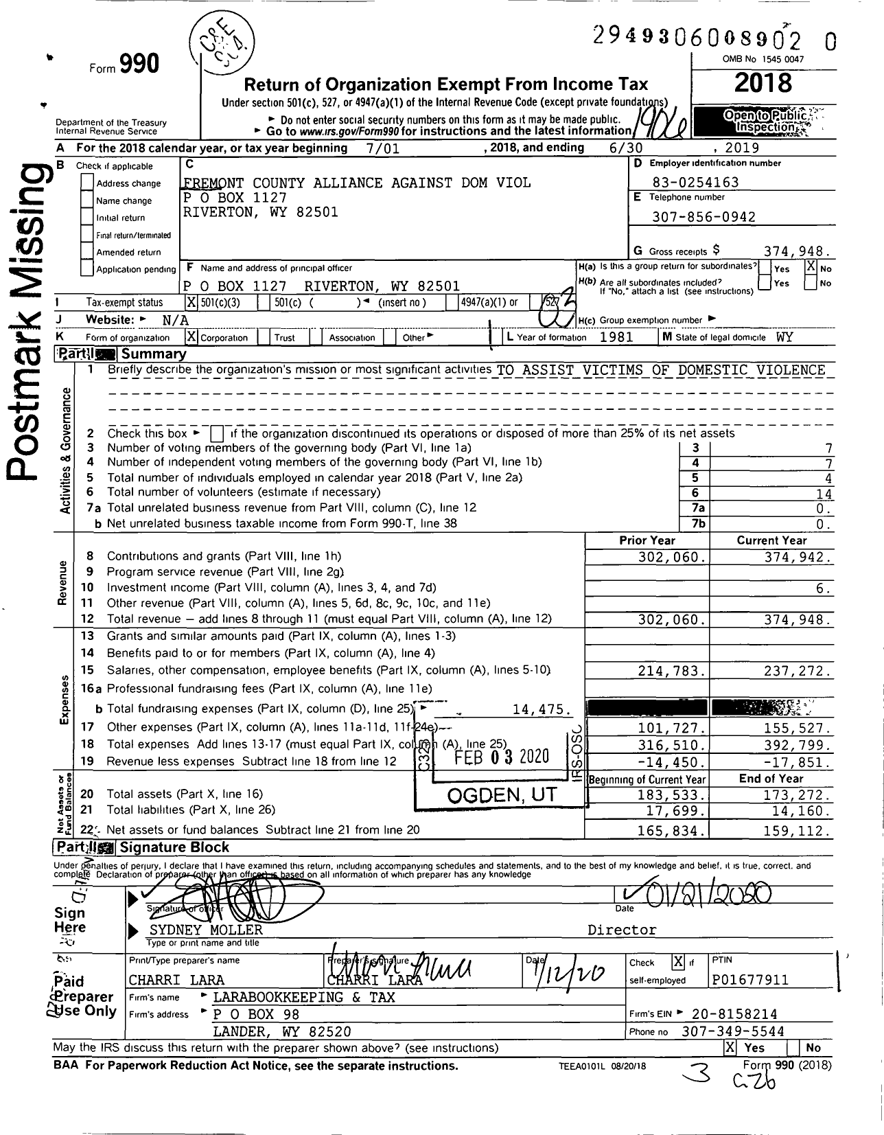 Image of first page of 2018 Form 990 for Fremont County Alliance Against Domestic Violence