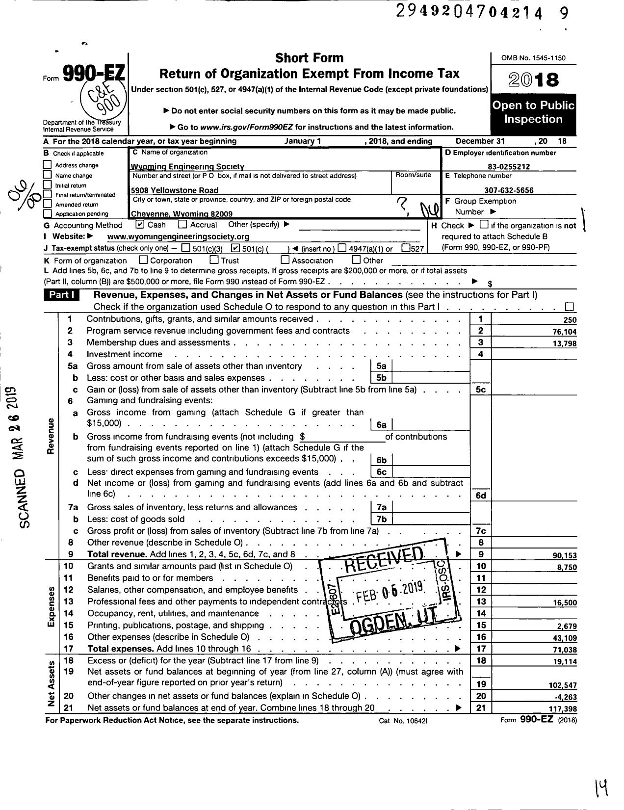 Image of first page of 2018 Form 990EO for Wyoming Engineering Society