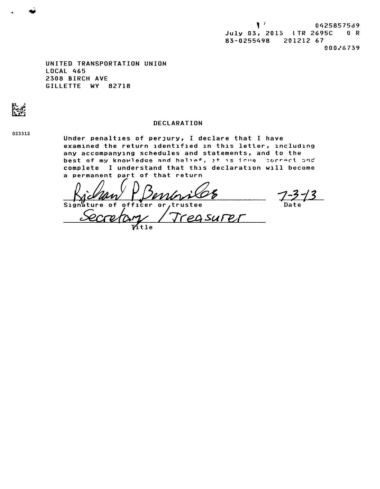 Image of first page of 2012 Form 990EOR for Smart Union - 465 TD