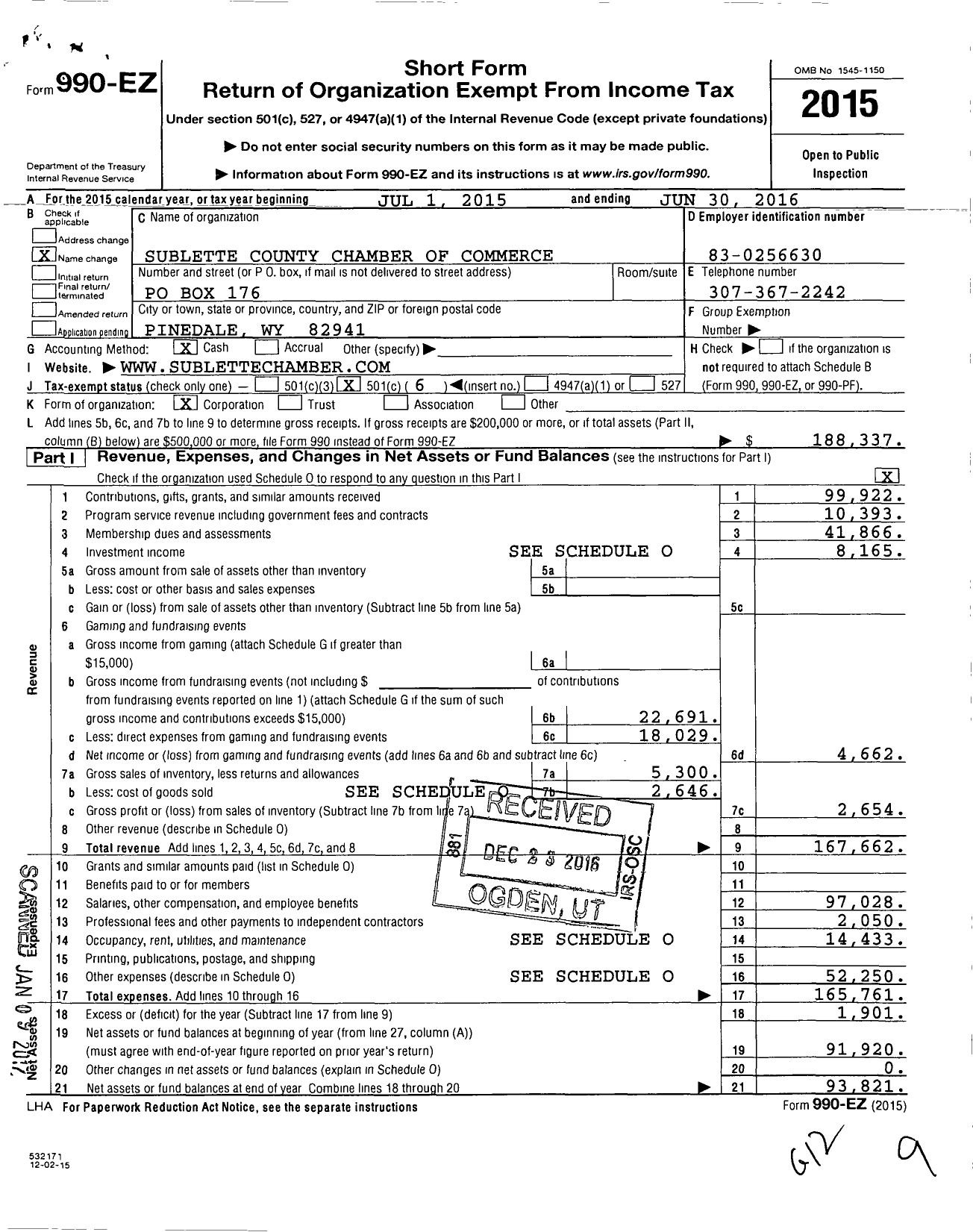 Image of first page of 2015 Form 990EO for Sublette County Chamber of Commerce