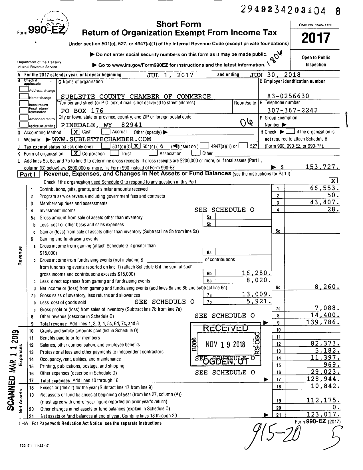 Image of first page of 2017 Form 990EO for Sublette County Chamber of Commerce