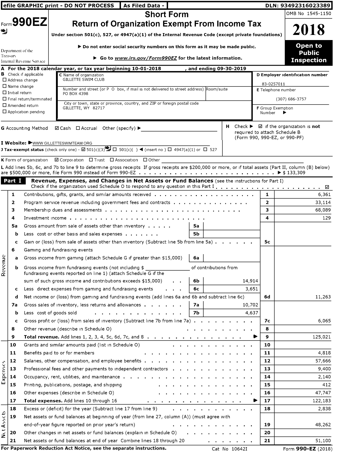 Image of first page of 2018 Form 990EZ for Gillette Swim Club