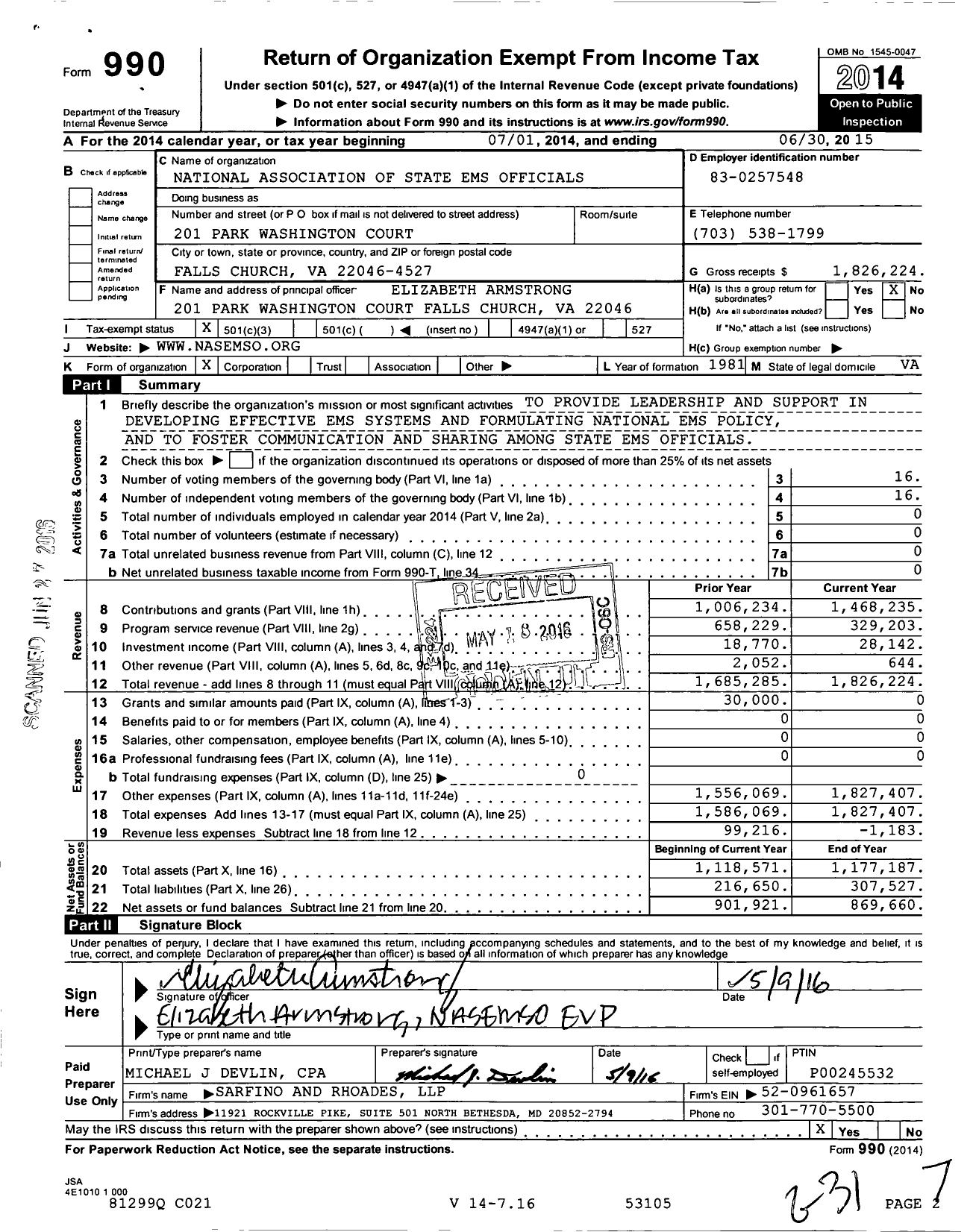 Image of first page of 2014 Form 990 for National Association of State EMS Officials (NASEMSO)