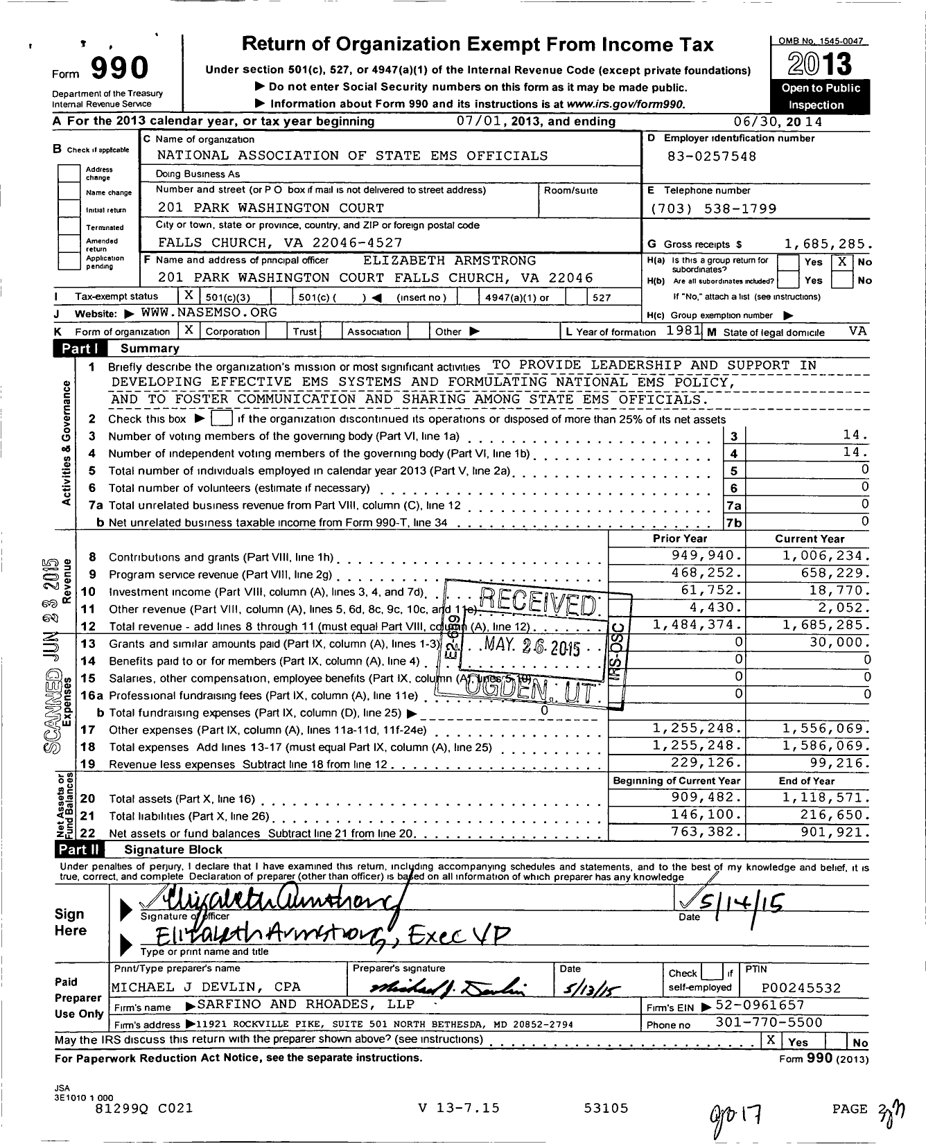 Image of first page of 2013 Form 990 for National Association of State EMS Officials (NASEMSO)