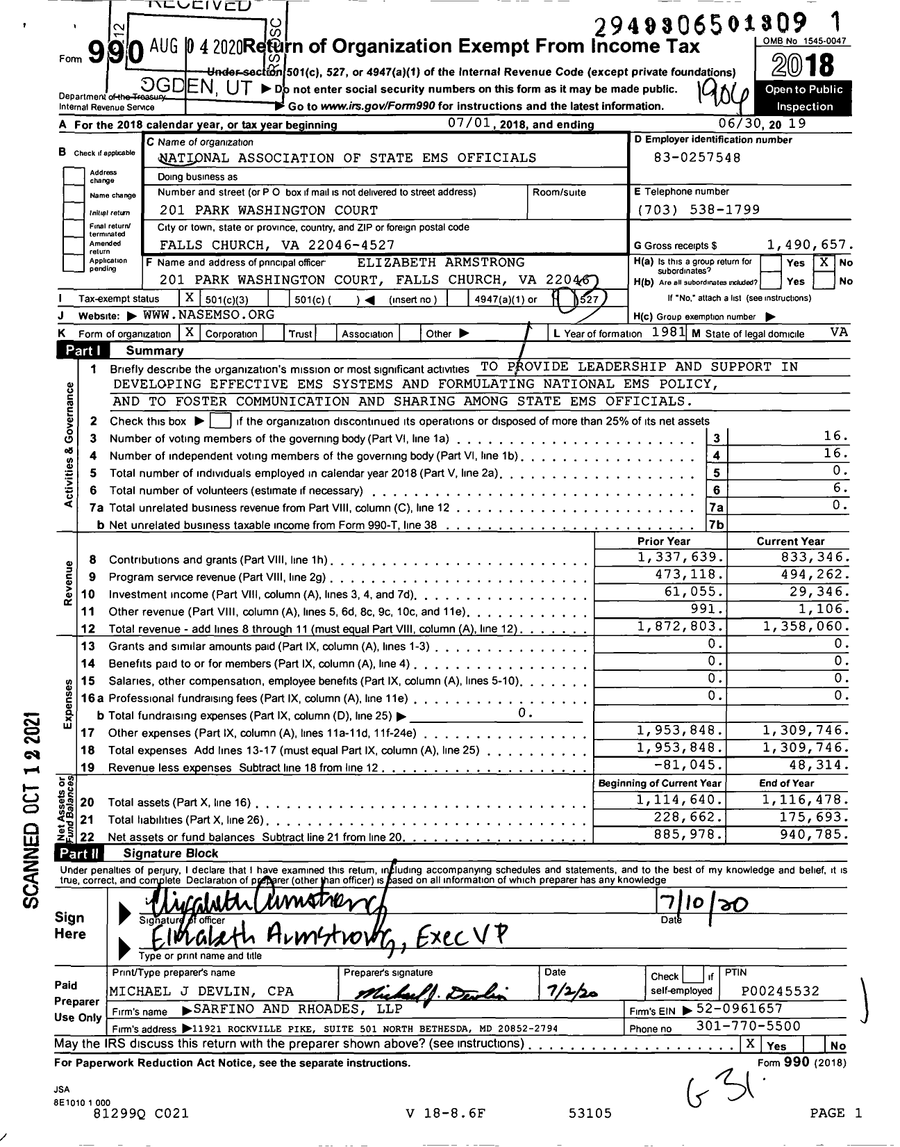 Image of first page of 2018 Form 990 for National Association of State EMS Officials (NASEMSO)