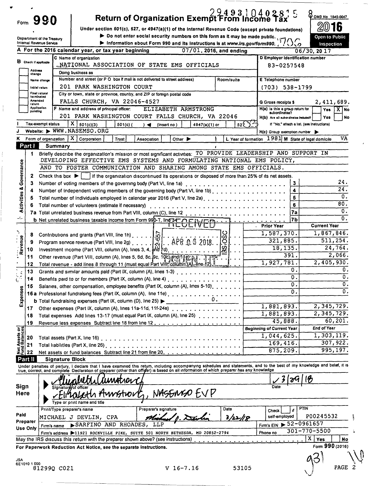 Image of first page of 2016 Form 990 for National Association of State EMS Officials (NASEMSO)