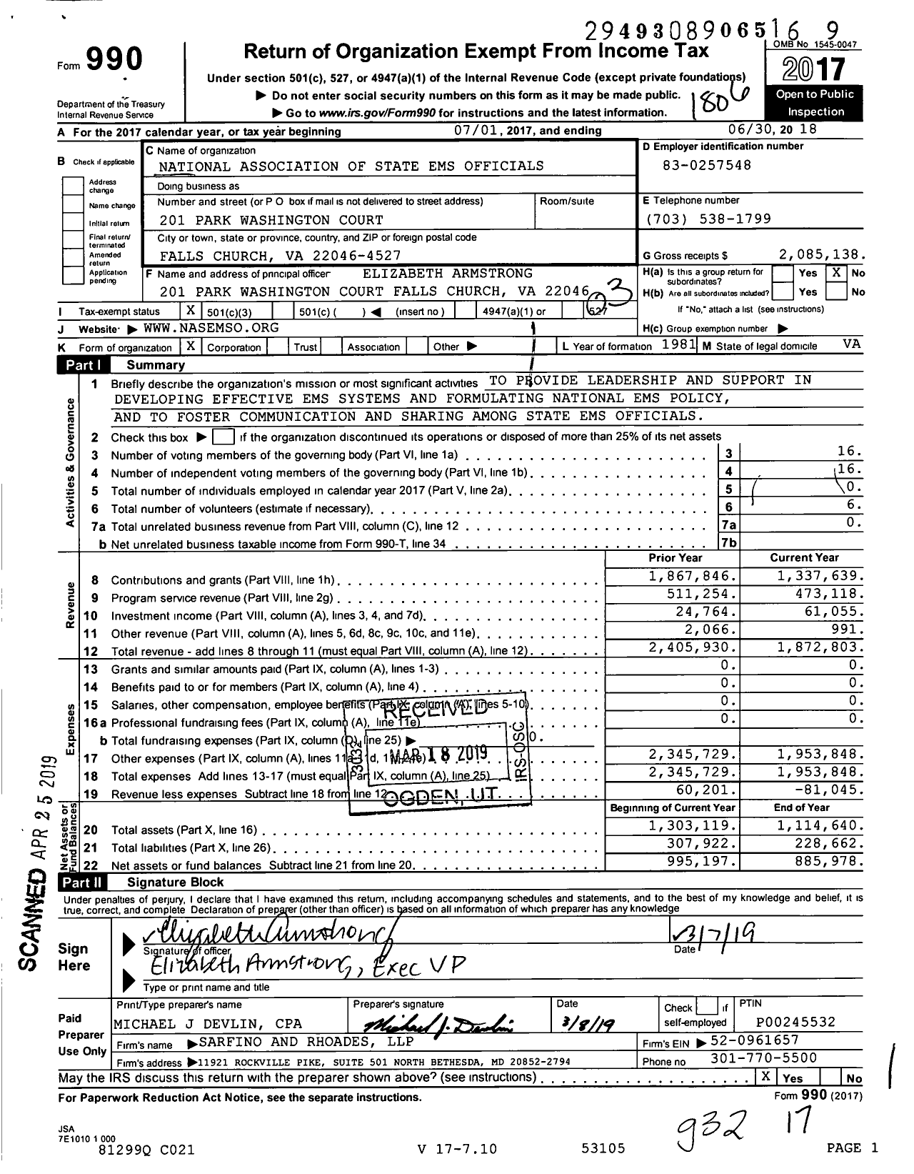 Image of first page of 2017 Form 990 for National Association of State EMS Officials (NASEMSO)