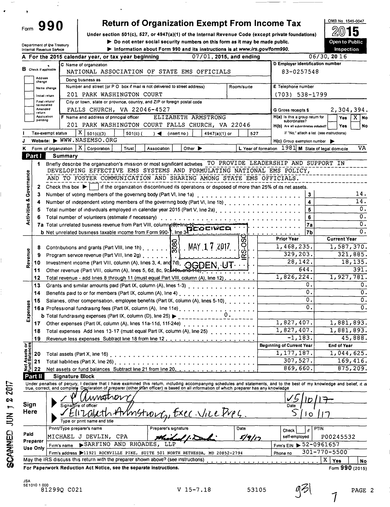 Image of first page of 2015 Form 990 for National Association of State EMS Officials (NASEMSO)