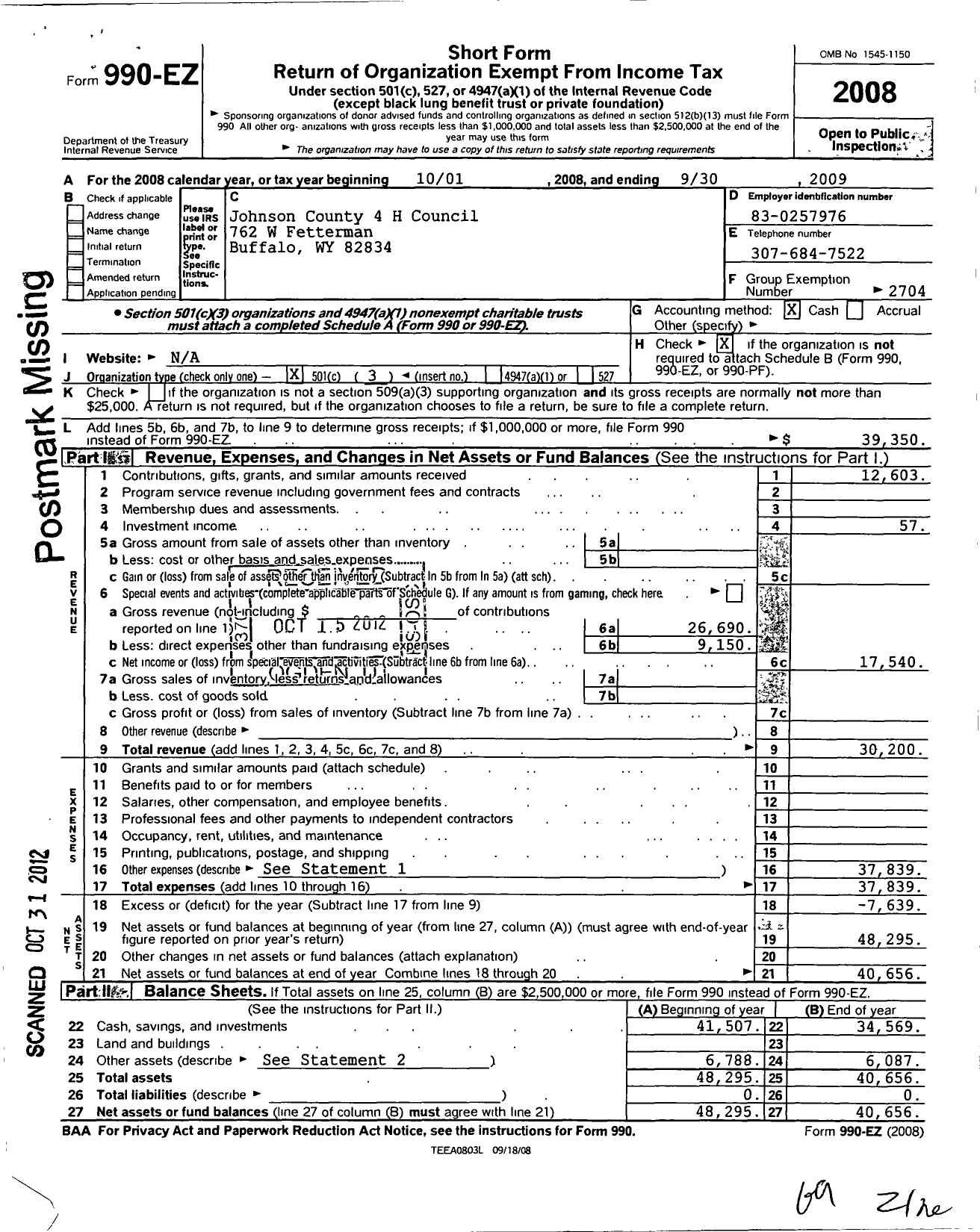 Image of first page of 2008 Form 990EZ for University of Wyoming / Johnson County 4-H Council