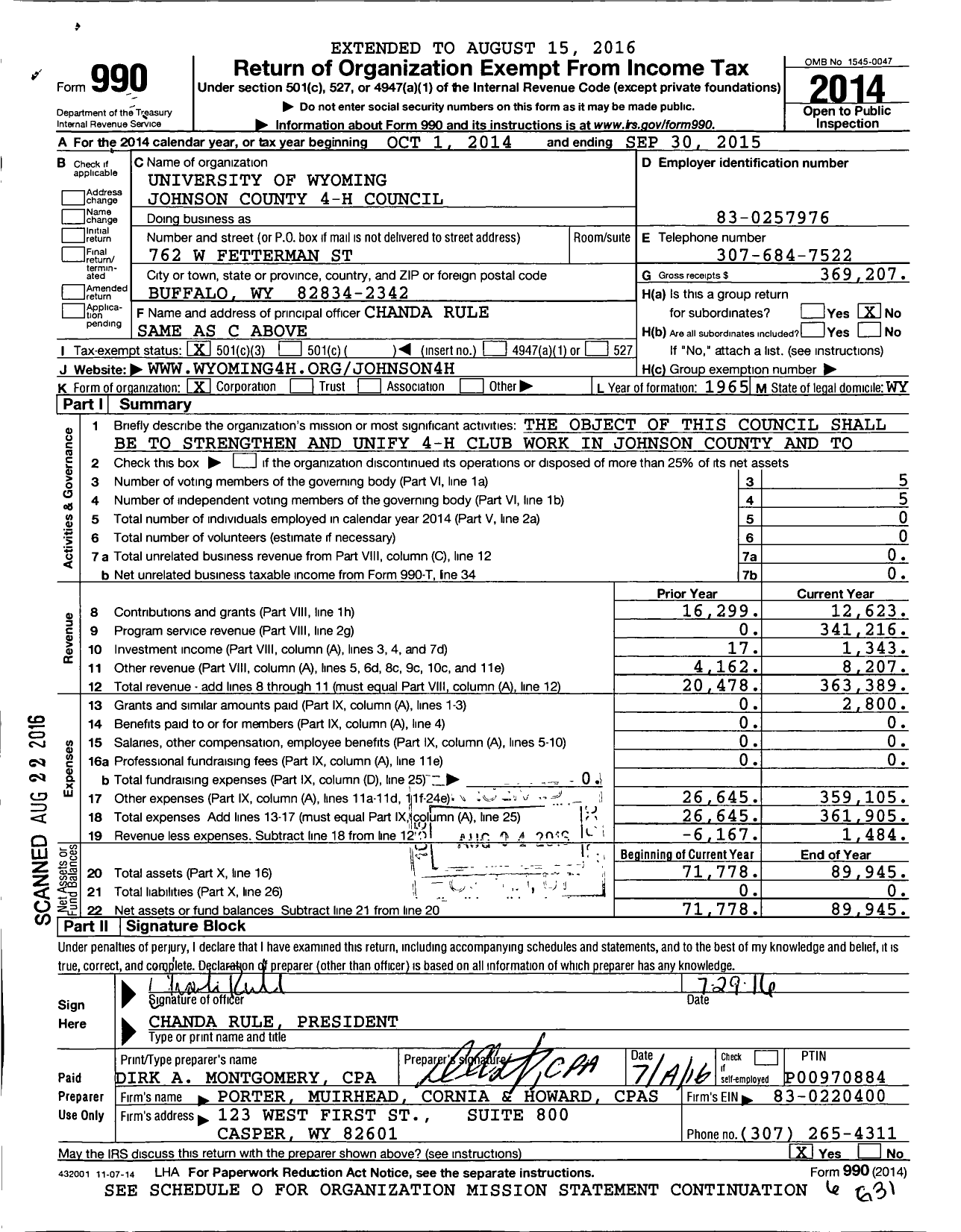 Image of first page of 2014 Form 990 for University of Wyoming / Johnson County 4-H Council