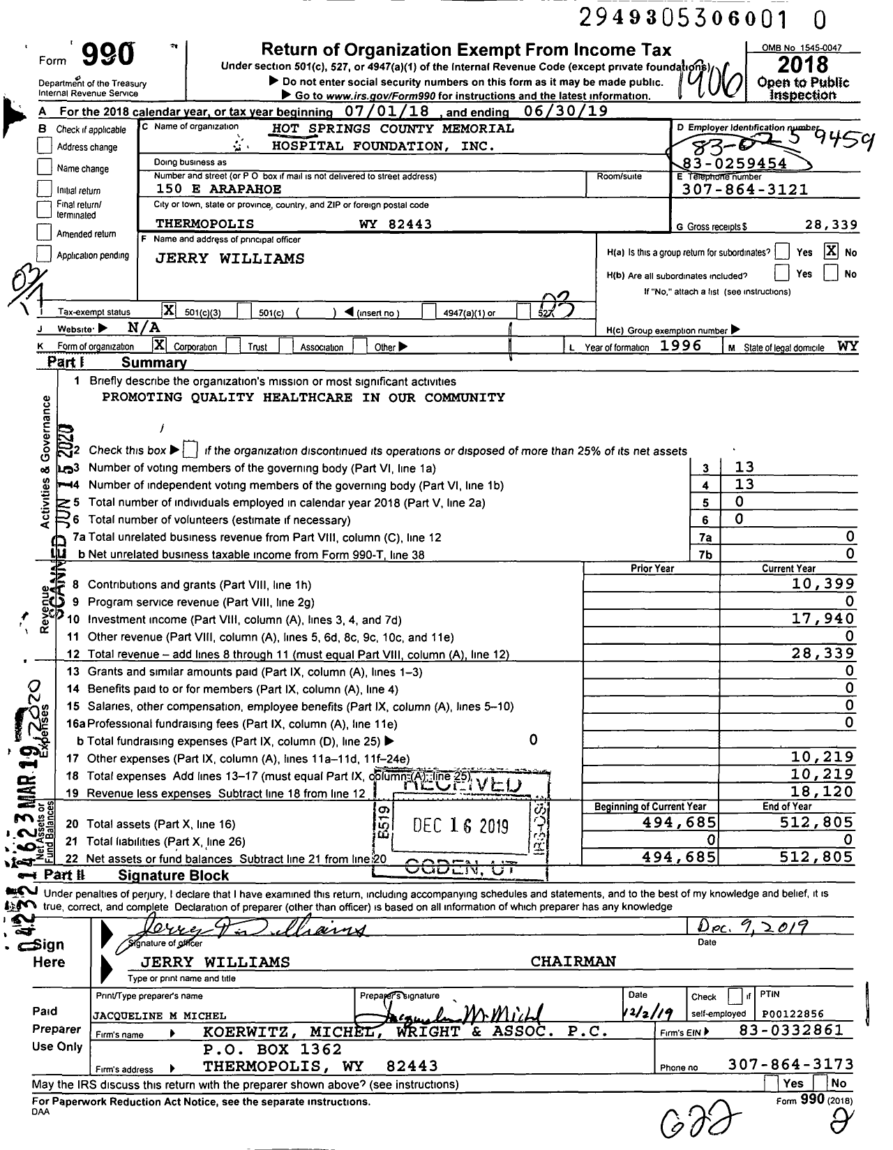 Image of first page of 2018 Form 990 for Hot Springs Health Foundation